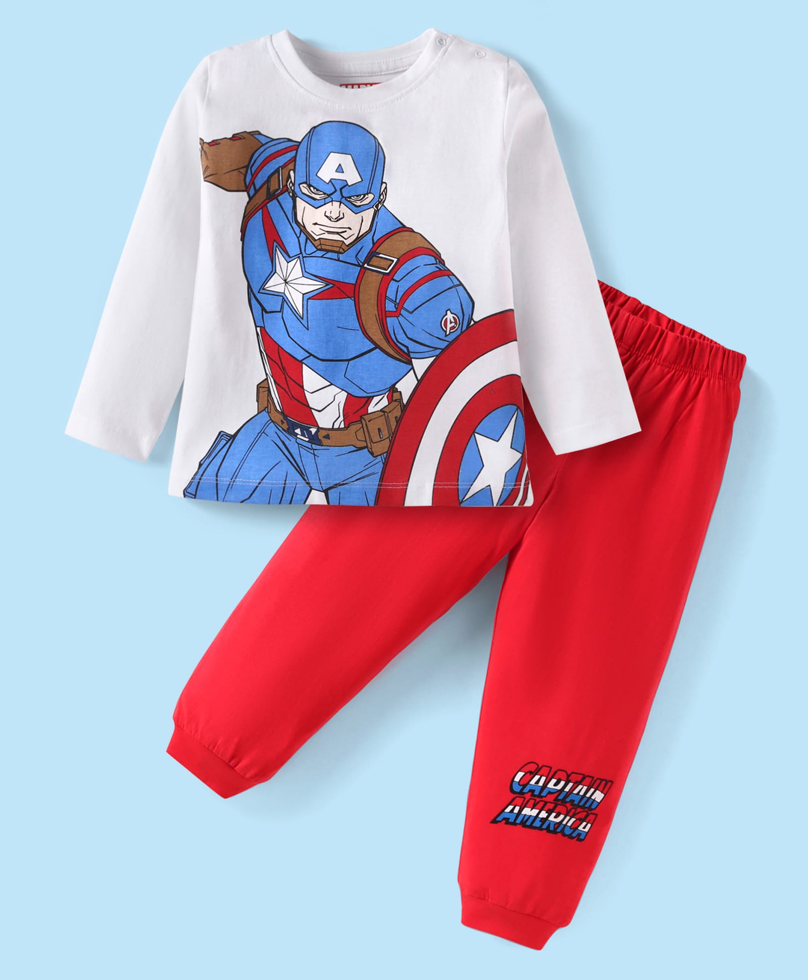 Babyhug Marvel Single Jersey Knit Full Sleeves Night Suit with Captain America Graphic - Red & White-picture-11