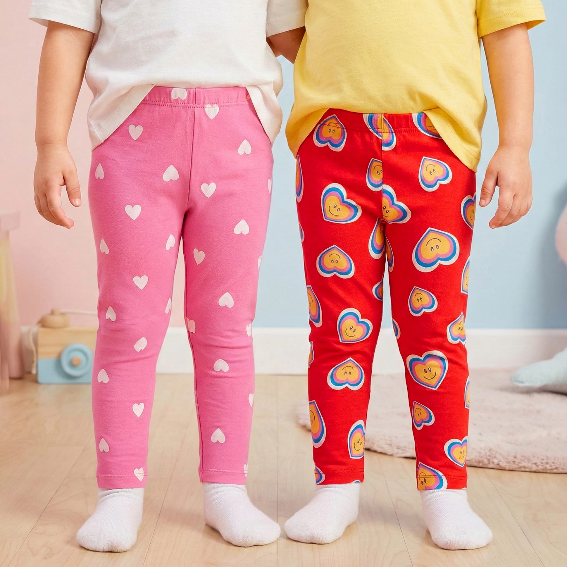 Babyhug Cotton Lycra Full Length Leggings With Heart Print Pack of 2 - Red & Pink-image-24