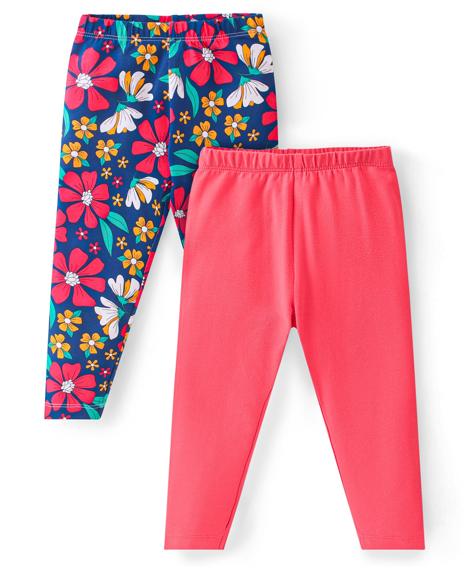 Babyhug Cotton Lycra Knit Full Length Leggings With Floral Print Pack Of 2 - Blue & Pink-picture-26