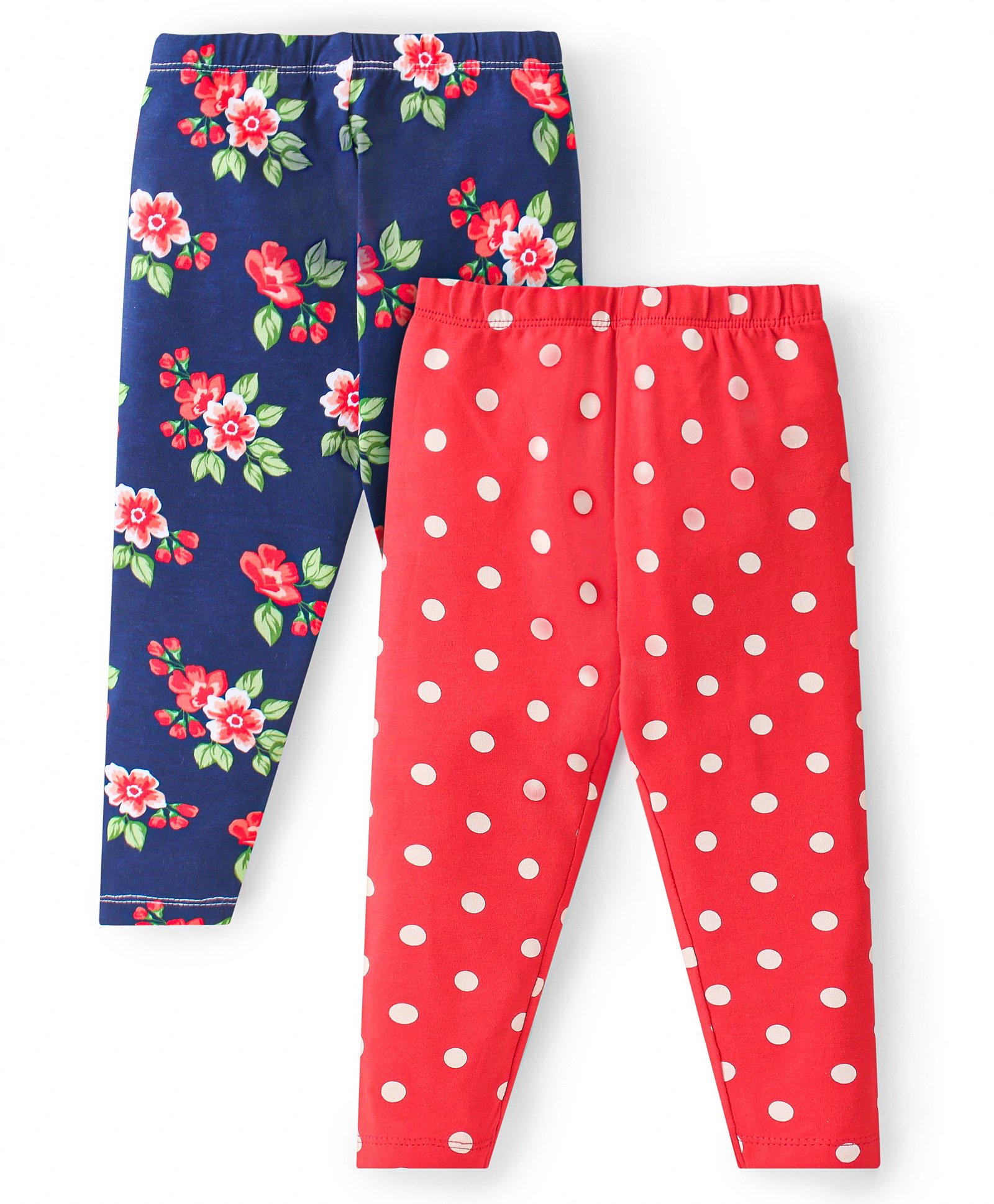 Babyhug Cotton Lycra Knit Full Length Leggings With Floral & Polka Dot Print Pack Of 2 - Blue & Red-picture-13
