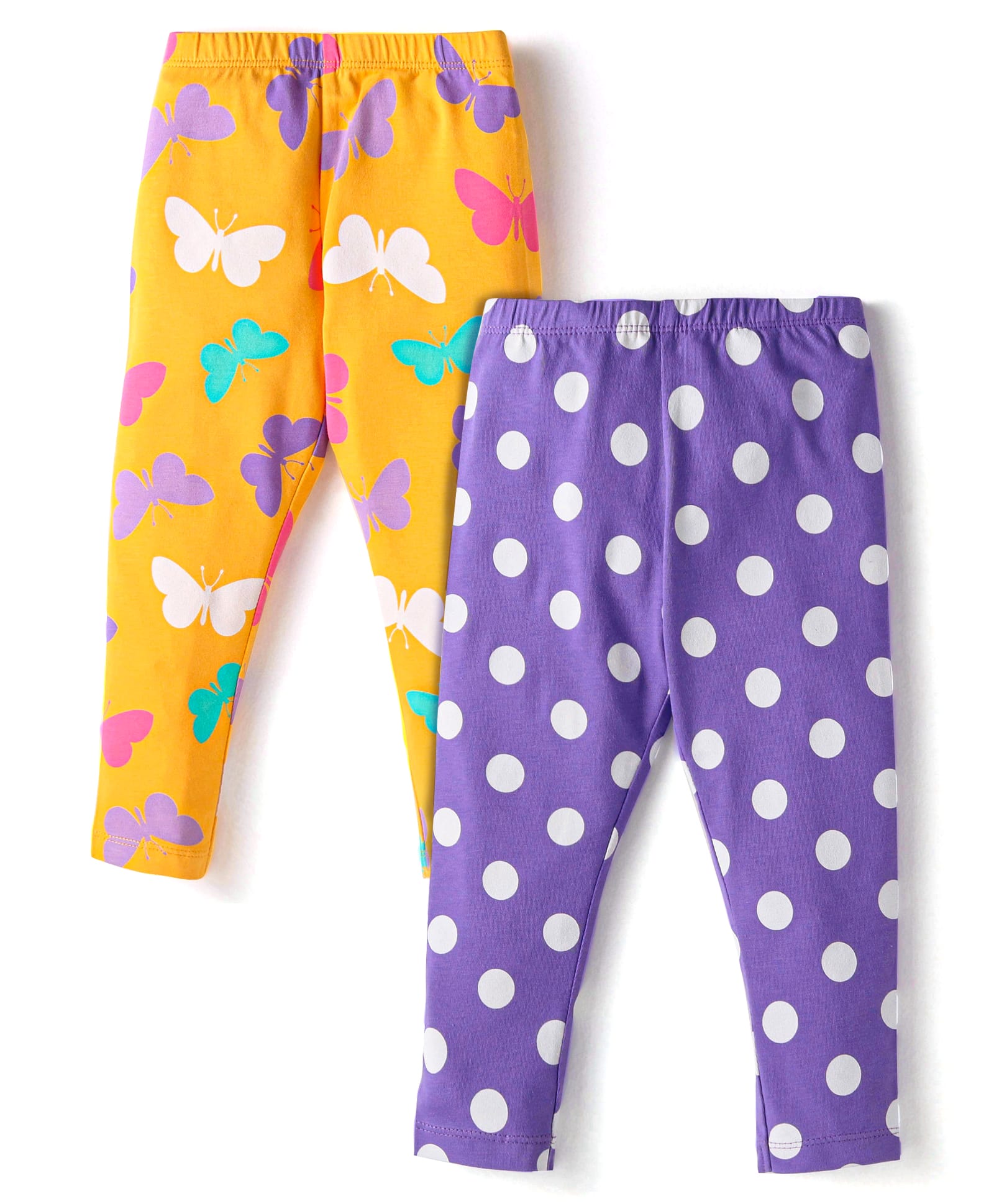 Babyhug Cotton Lycra Knit Full Length Leggings With Polka Dot & Butterfly Print Pack of 2 - Yellow & Purple-picture-15