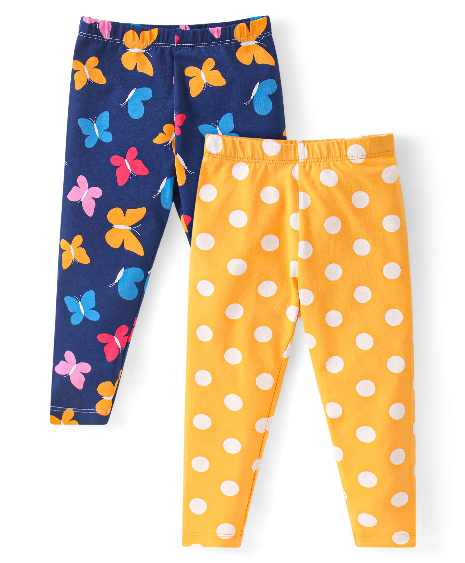 Babyhug Cotton Lycra Knit Full Length Leggings With Butterfly & Polka Dot Print Pack Of 2 - Blue & Yellow-picture-10