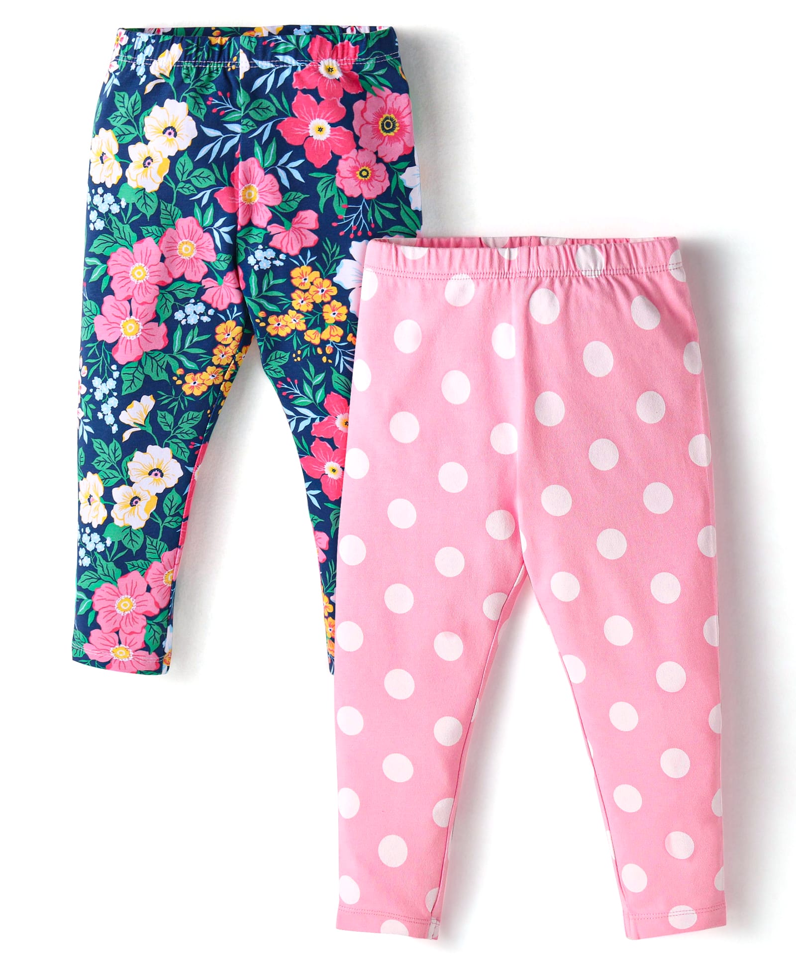 Babyhug Cotton Lycra Knit Full Length Leggings With Floral & Polka Dot Print Pack of 2 - Pink & Navy Blue-picture-24