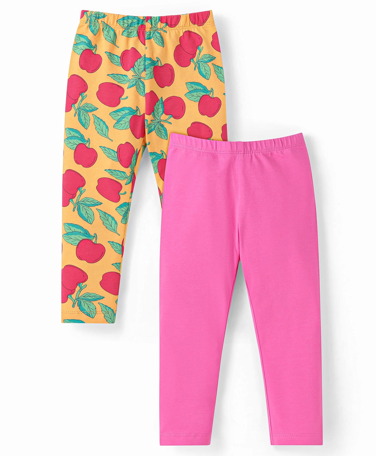 Babyhug Cotton Lycra Knit Stretchable Leggings ApplePrint Pack of 2 - Pink & Yellow-image-20