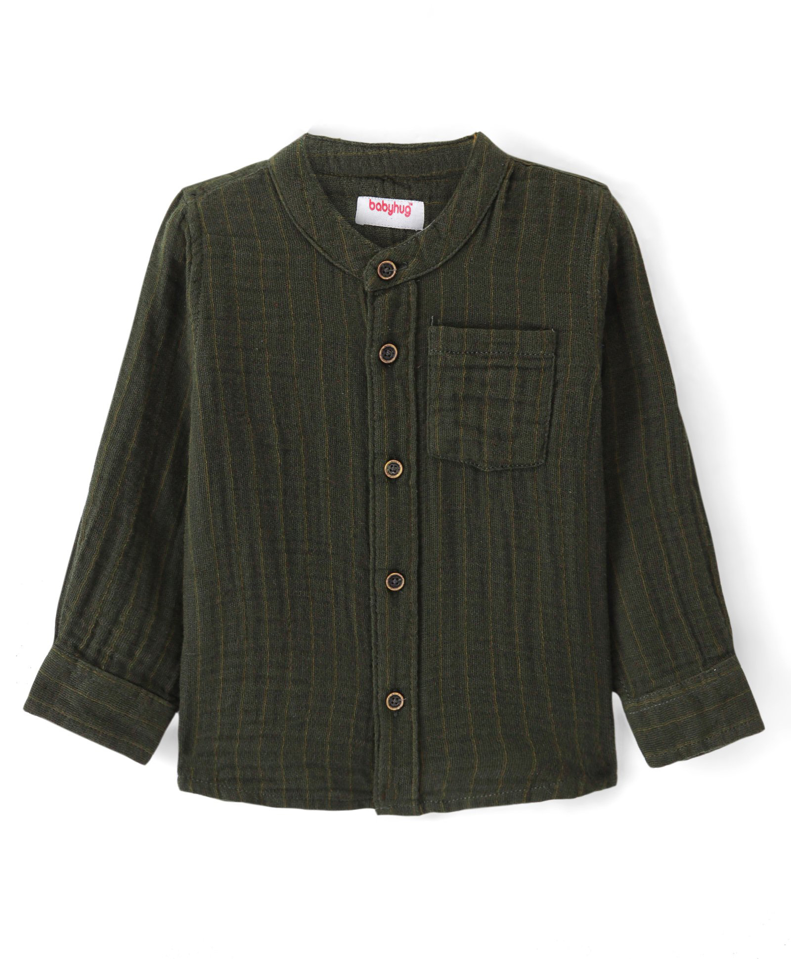Babyhug Cotton Woven Full Sleeves Mandarin Collar Solid Colour Shirt - Olive Green-image-25