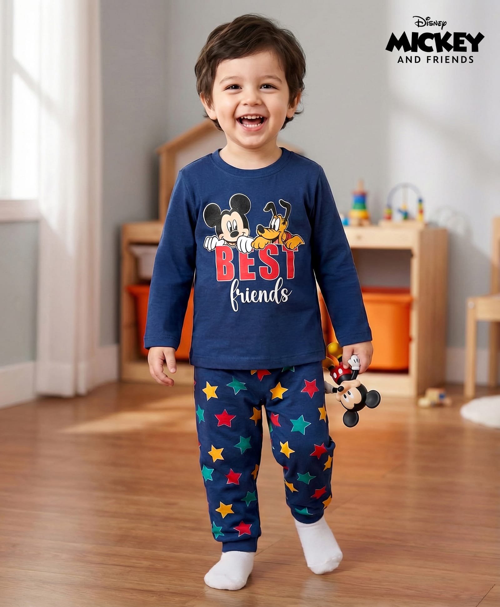 Babyhug Disney Single Jersey Knit Full Sleeves Night Suit with Mickey Mouse & Pluto Graphic - Navy Blue-image-6