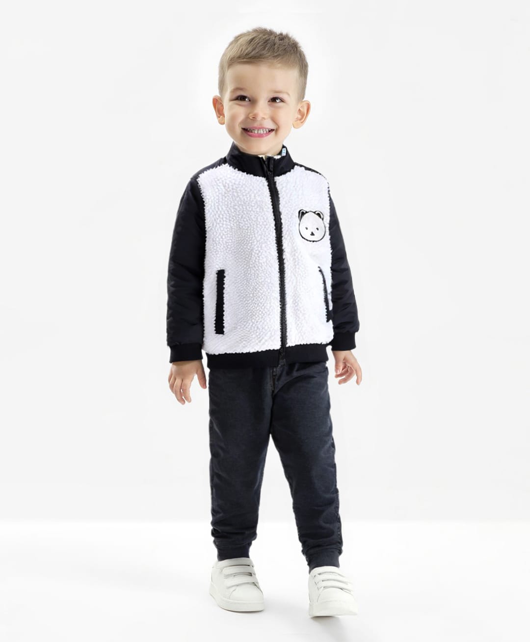 Bonfino Woven Full Sleeves Winter Jacket With Bear Patch - Black & White-image-47