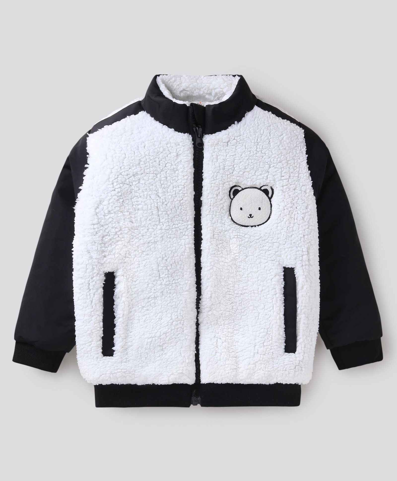Bonfino Woven Full Sleeves Winter Jacket With Bear Patch - Black & White-picture-27