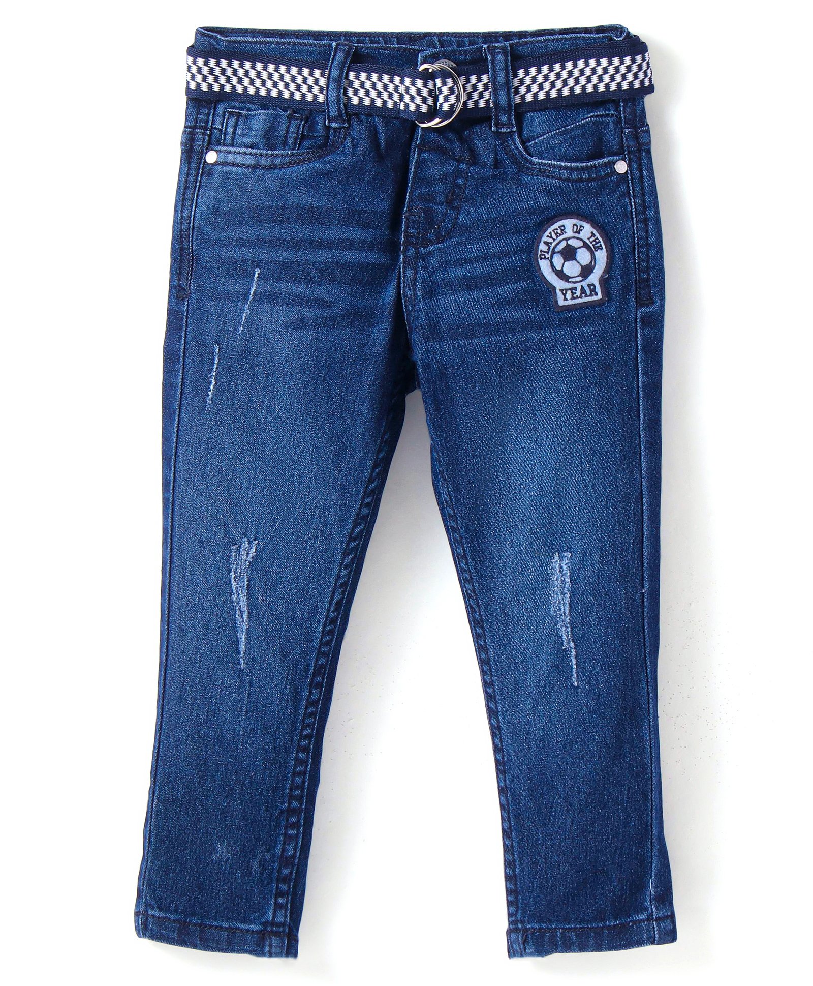 Babyhug Denim Full Length Washed Jeans & Belt With Stretch & Sport Badge - Blue-picture-12