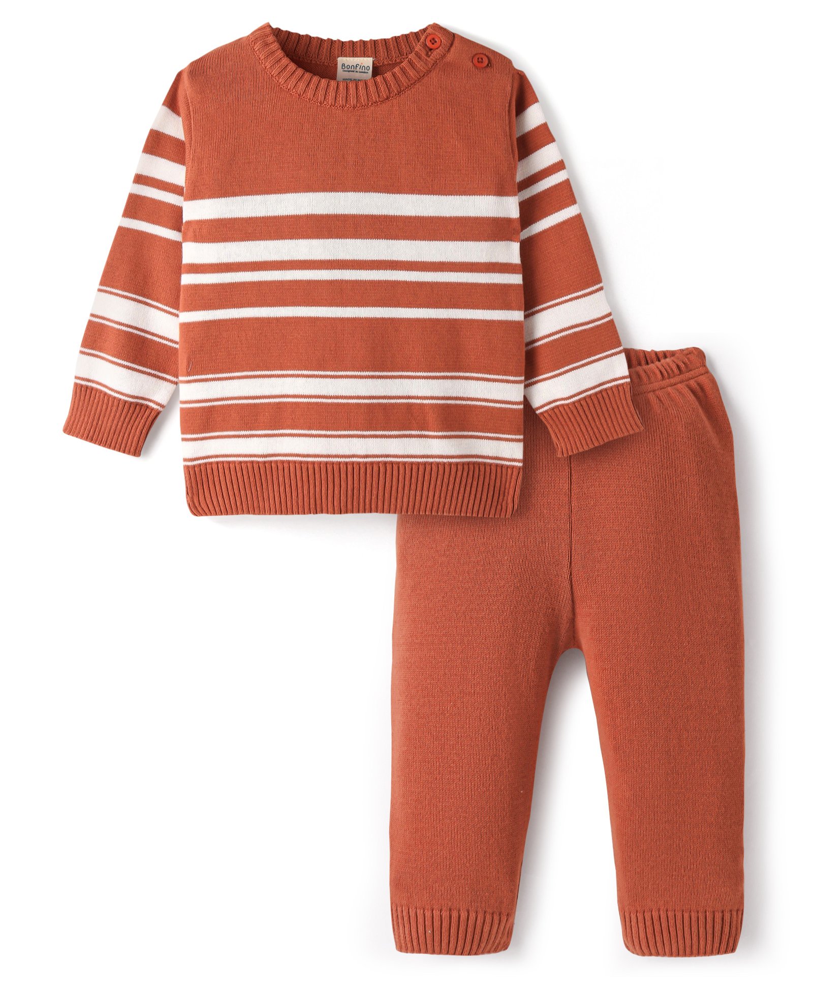 Bonfino 100% Cotton Knitted Full Sleeves Striped Sweater Set - Rust Orange & White-image-38