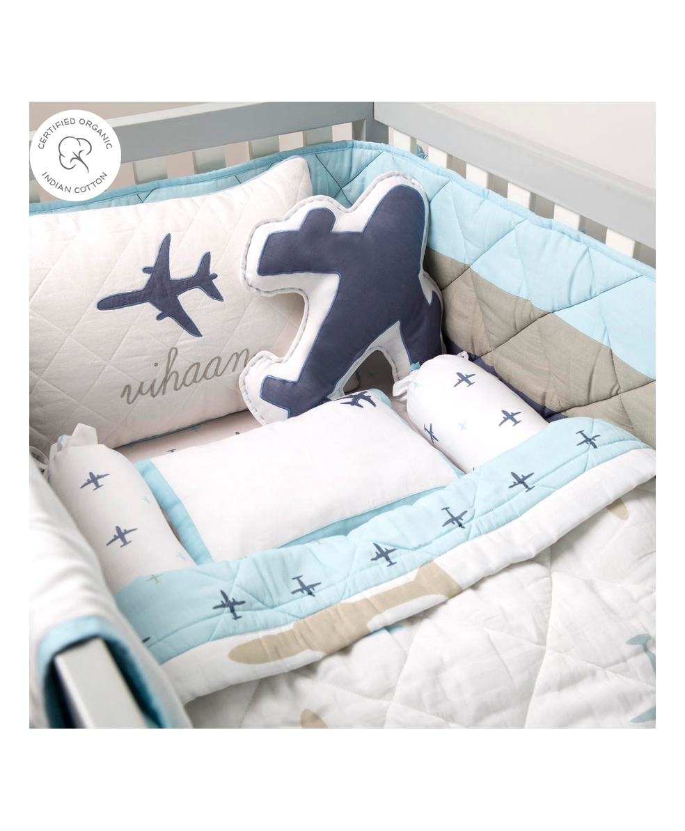 Masilo Organic Cotton 6 Piece Cot Bedding Set For Baby's/kids Nursery right amount of comfort and playfulness ,0 to 3 Years - Airplane - Blue-picture-49