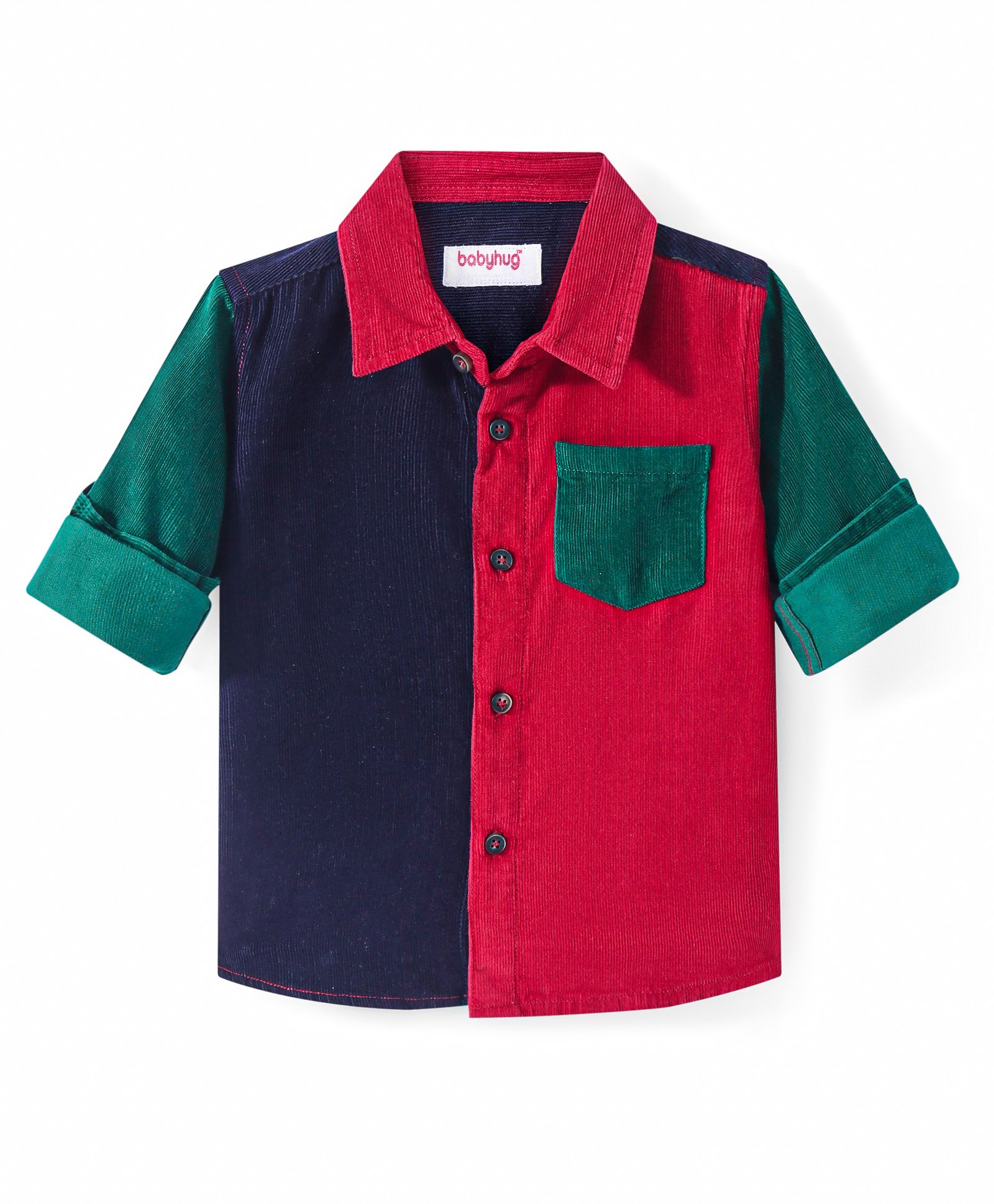 Babyhug Full Sleeves Color Blocked Corduroy Shirt - Red Navy & Green-image-29