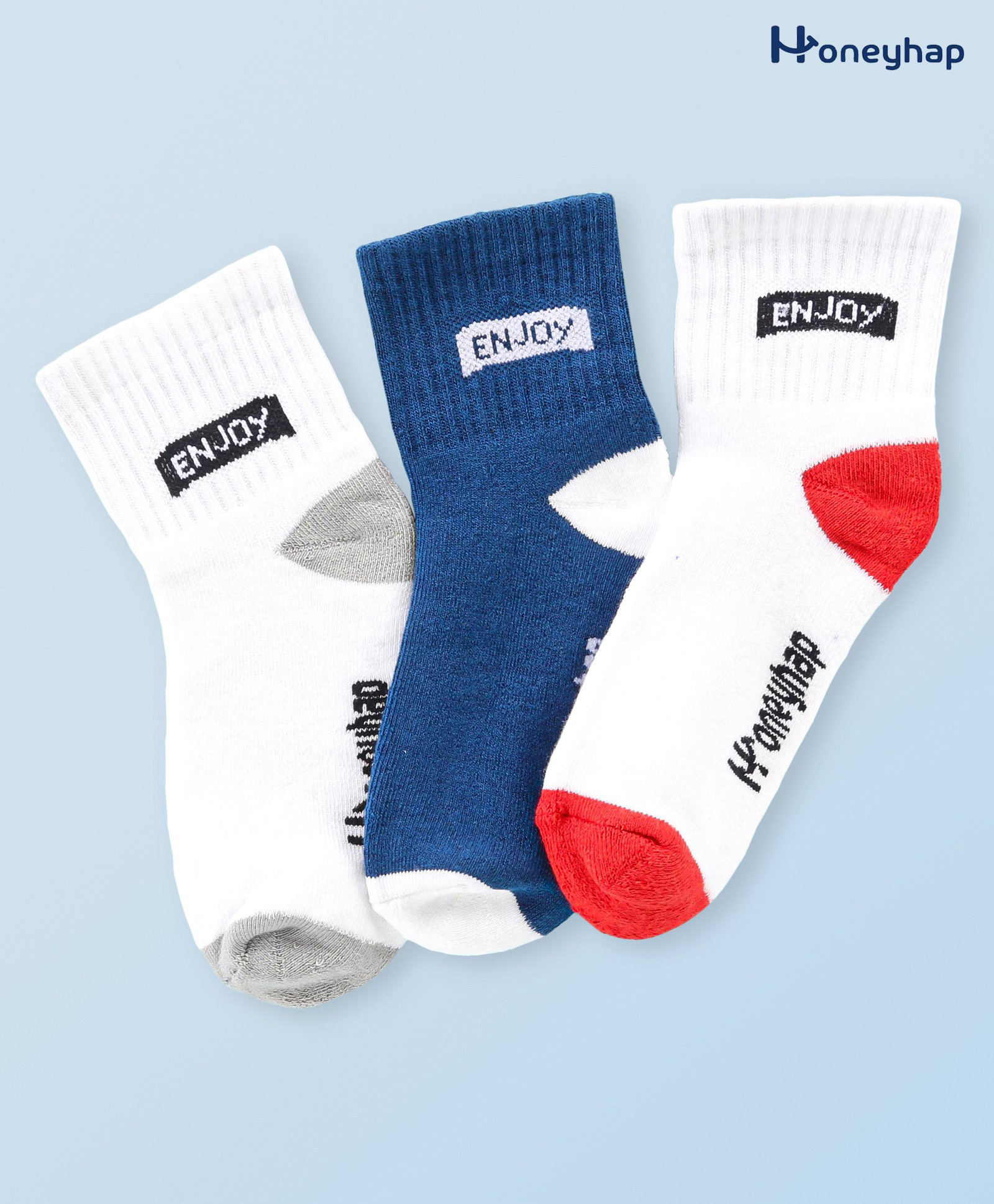 Honeyhap Premium Cotton Bamboo Spandex With Bio Finish Text Designed Socks Pack of 3 - Navy Blue White & Red-picture-11