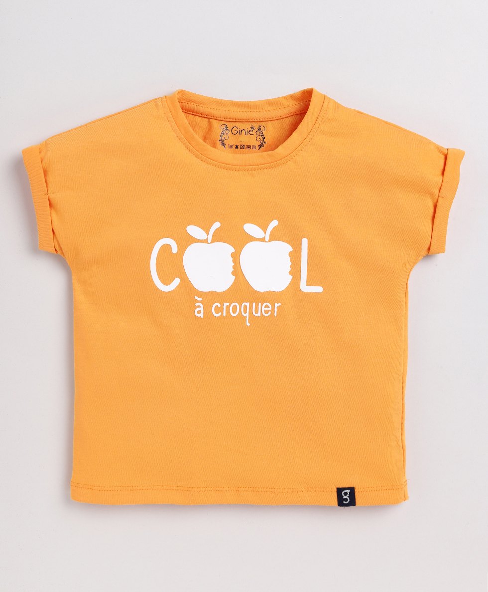giniekids Cotton Half Sleeves Cool Text Embroidered Top - Mustard Yellow-image-27