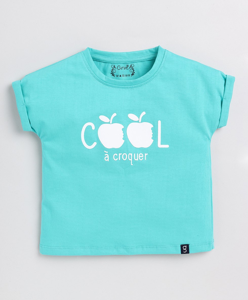 giniekids Cotton Half Sleeves Cool Text Embroidered Top - Mint-picture-27