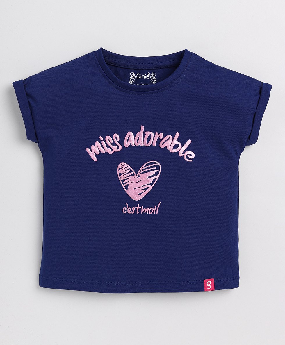 giniekids Cotton Half Sleeves Miss Adorable Text Printed Top - Navy Peony-picture-20