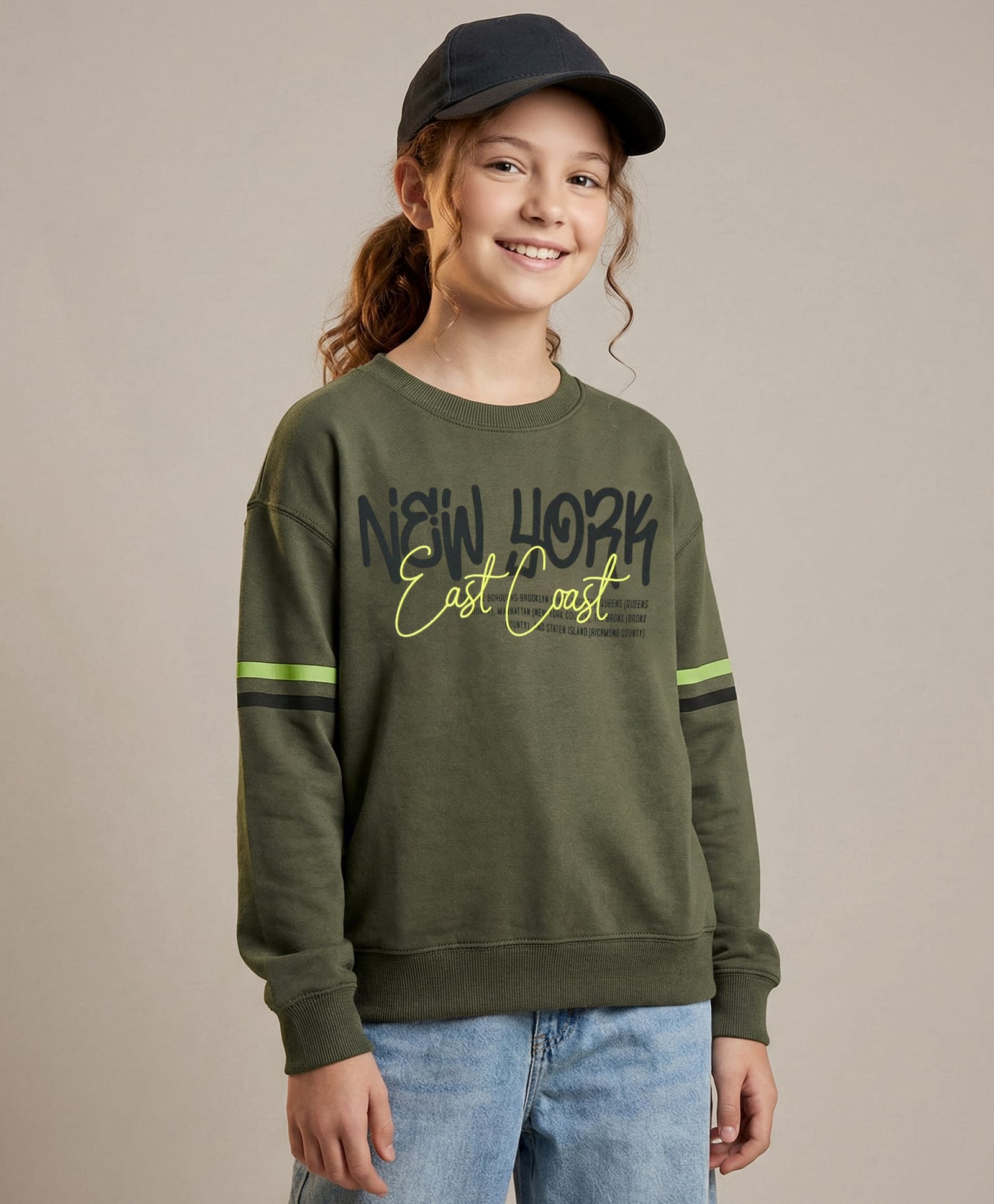 Doreme Terry Knitted Full Sleeves Sweatshirt With Text Print - Olive Green-image-18