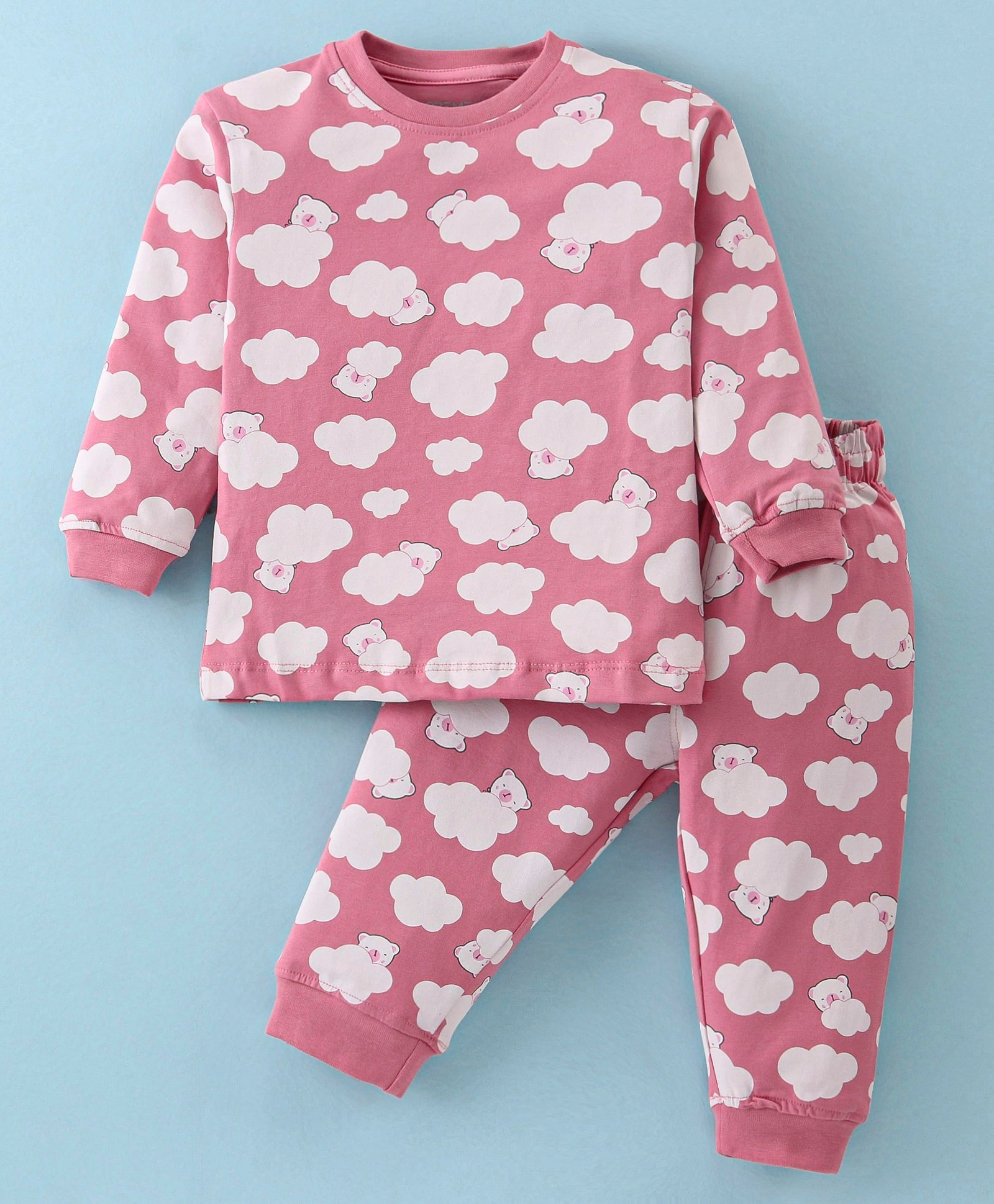 Doreme Single Jersey Knit Full Sleeves Night Suit With Teddy Print - Pink-image-18