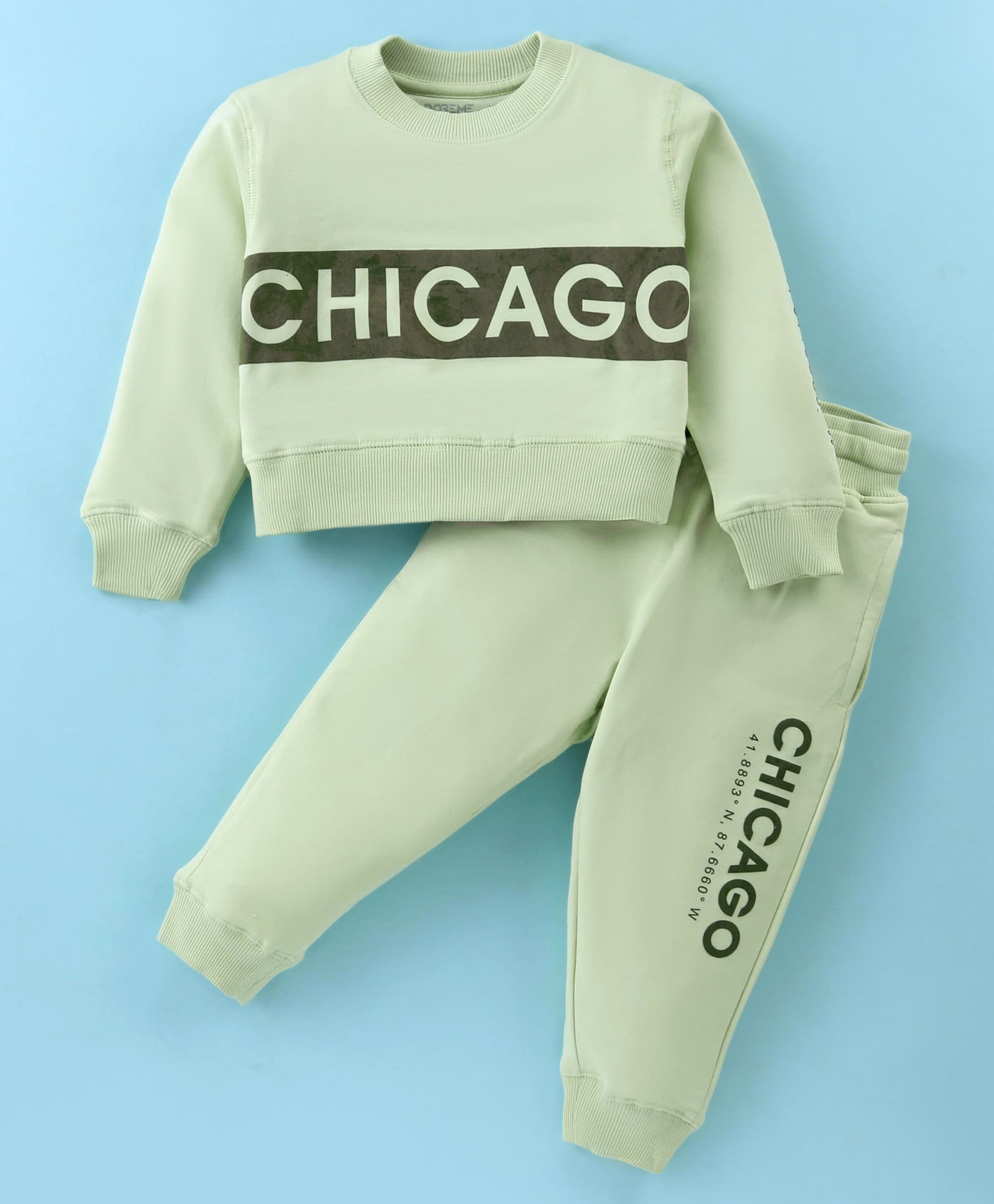 Doreme Terry Knit Full Sleeves Winter Wear Colour Block Sweatshirt & Lounge Pant with Text Print - Light Green-picture-24