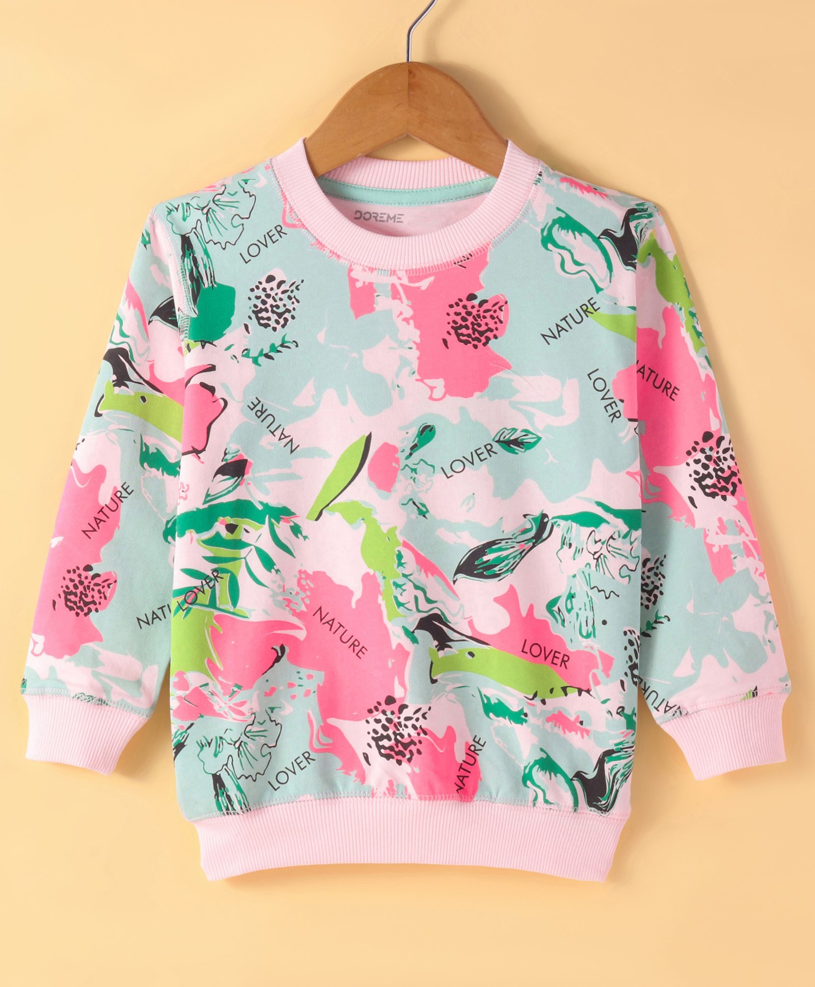 Doreme Terry Knitted Full Sleeves Sweatshirt With Floral & Text Print - Light Pink-picture-30