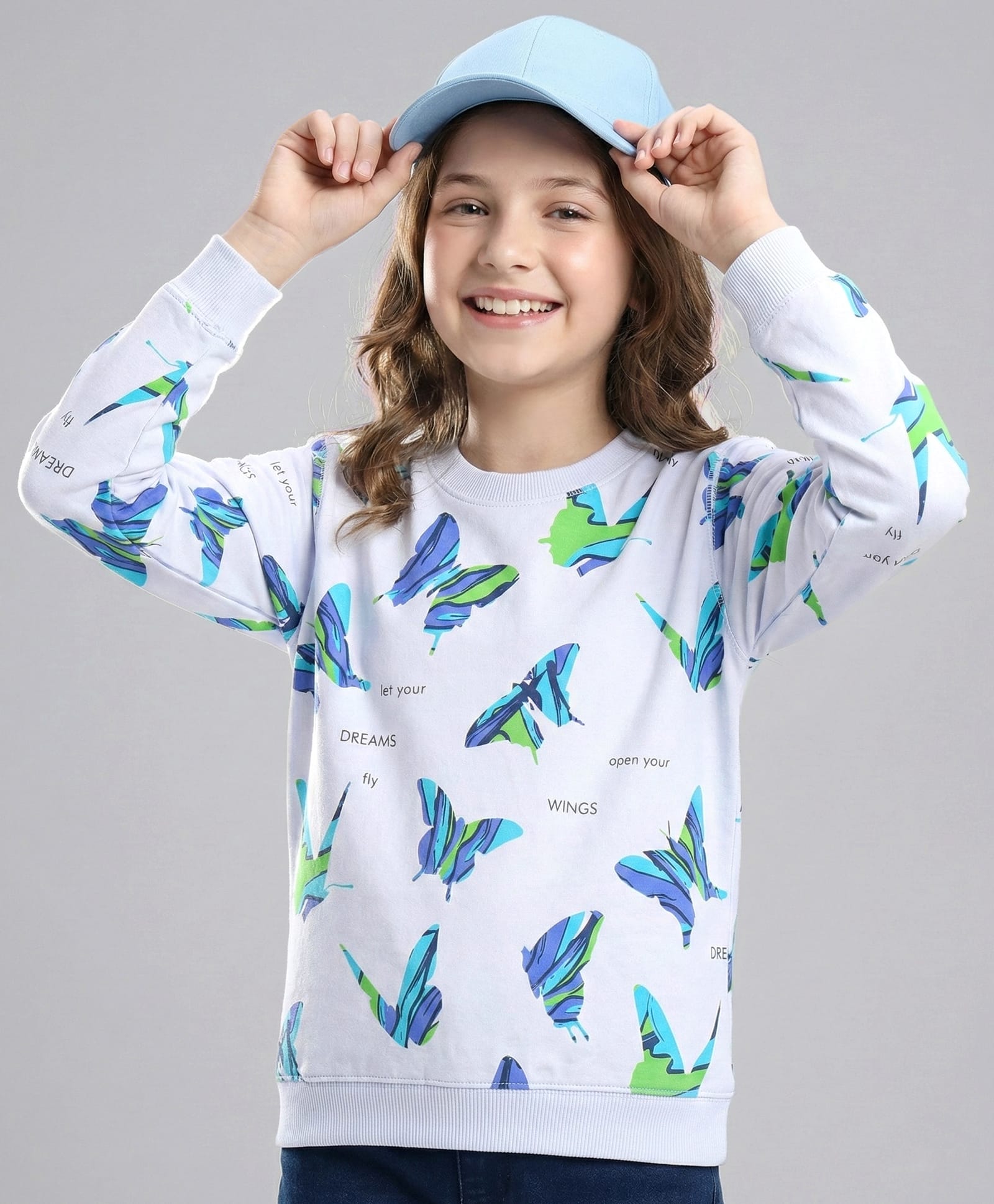 Doreme Terry Knit Full Sleeves Sweatshirt with Text & Butterfly Print - White-image-37