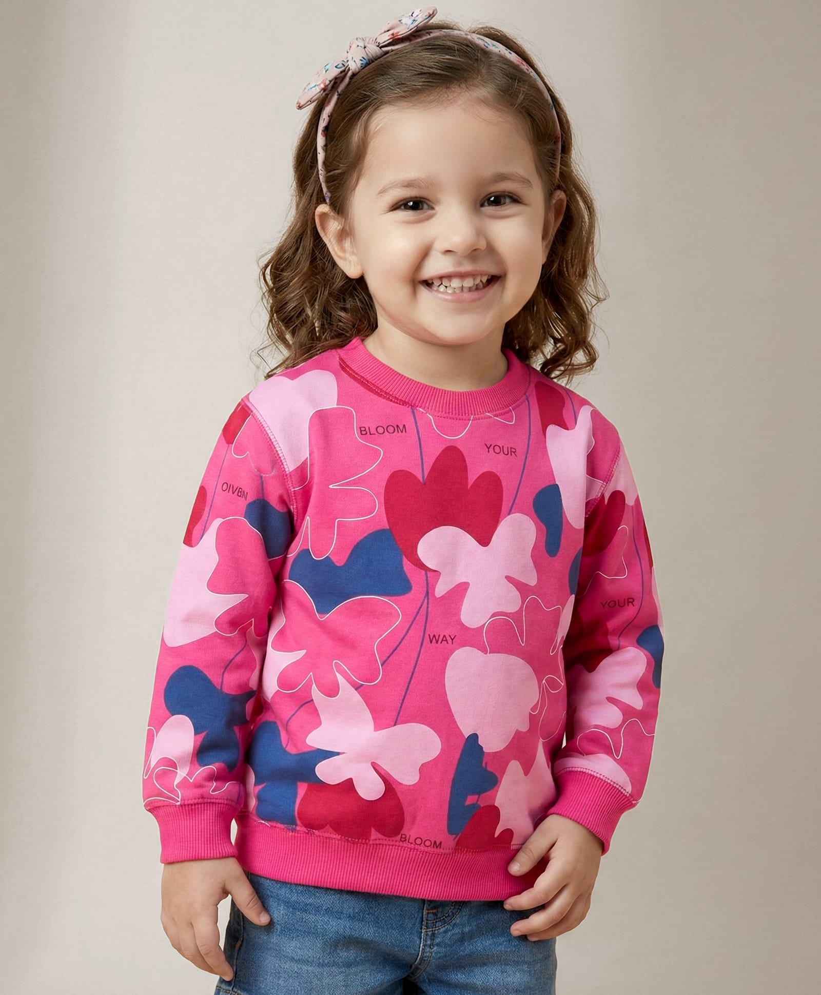 Doreme Terry Knit Full Sleeves Sweatshirt Floral Print -Dark Pink-image-10