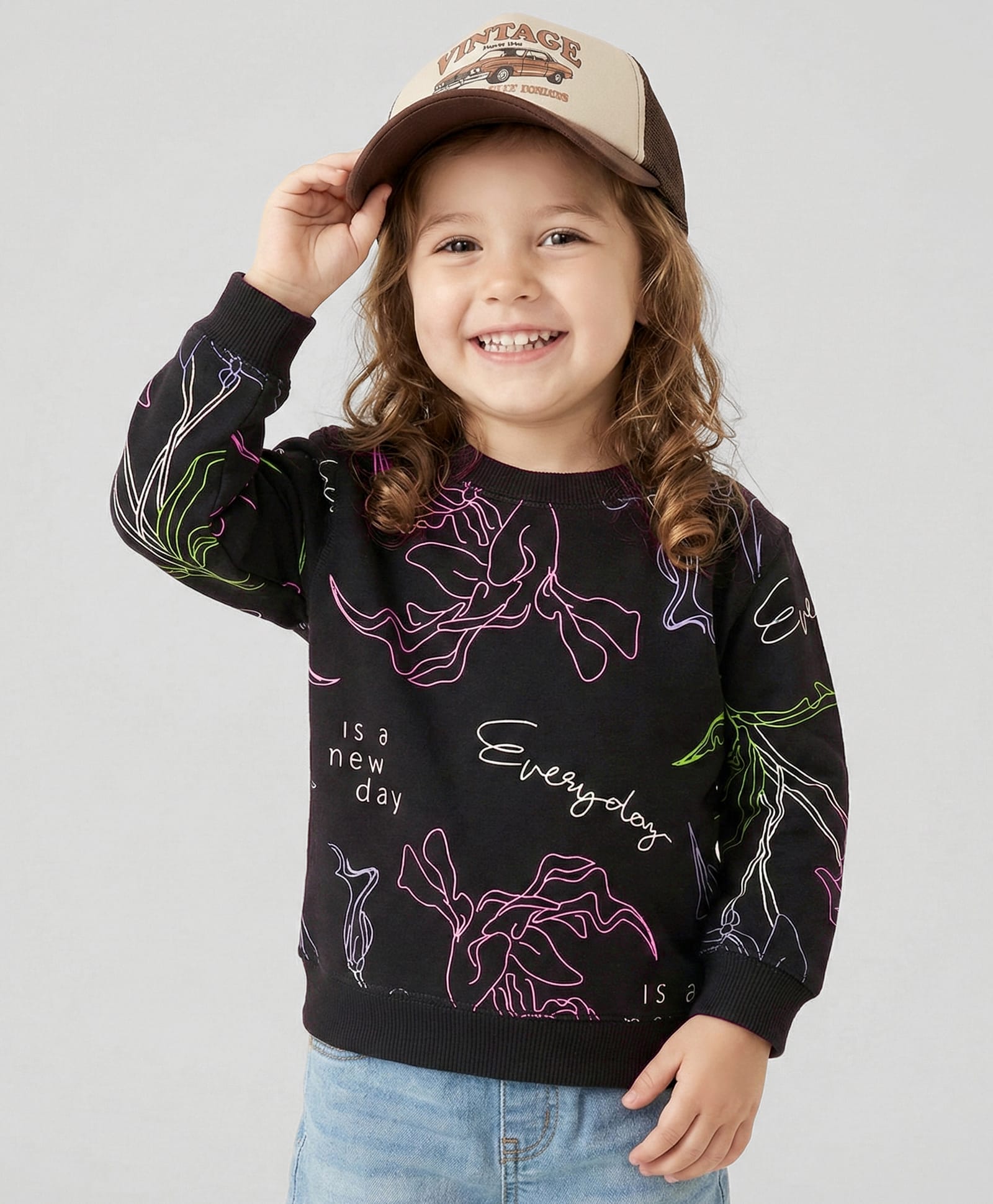 Doreme Terry Knit Full Sleeves Sweatshirt With Floral & Text Print - Black-picture-32