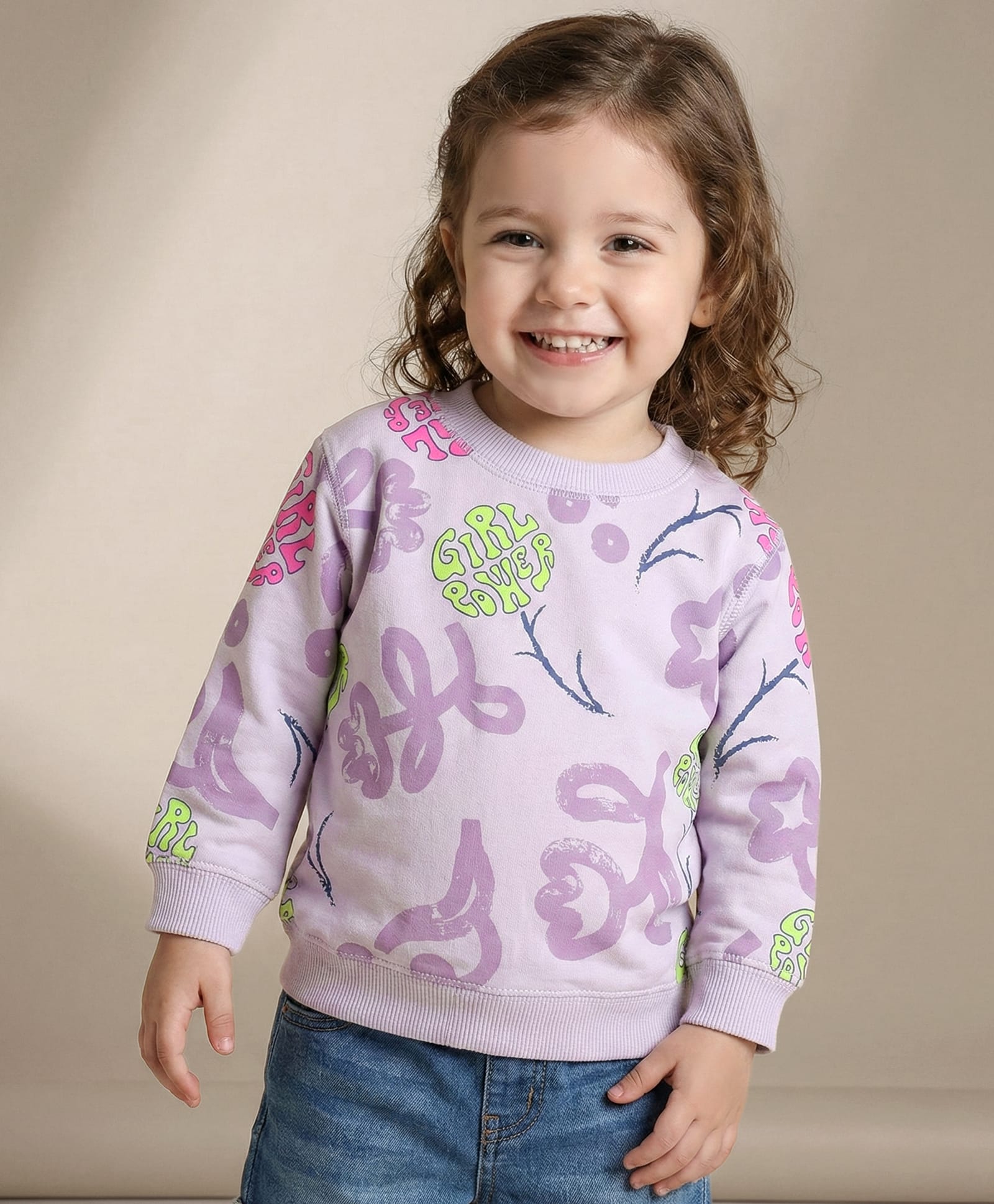 Doreme Terry Knitted Full Sleeves Sweatshirt With Floral & Text Print - Lilac