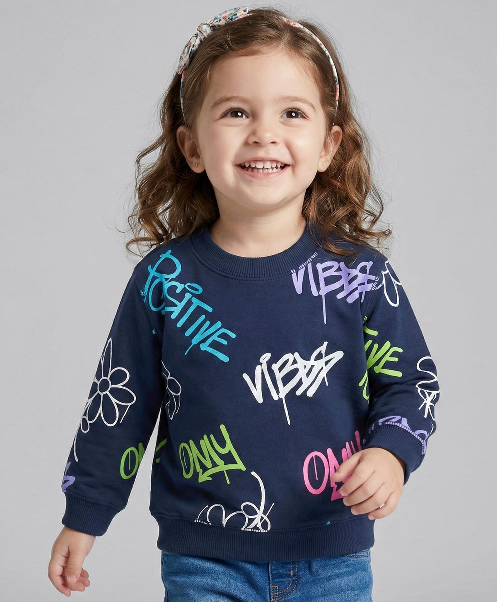 Doreme Terry Knitted Full Sleeves Sweatshirt With Text Print - Navy Blue