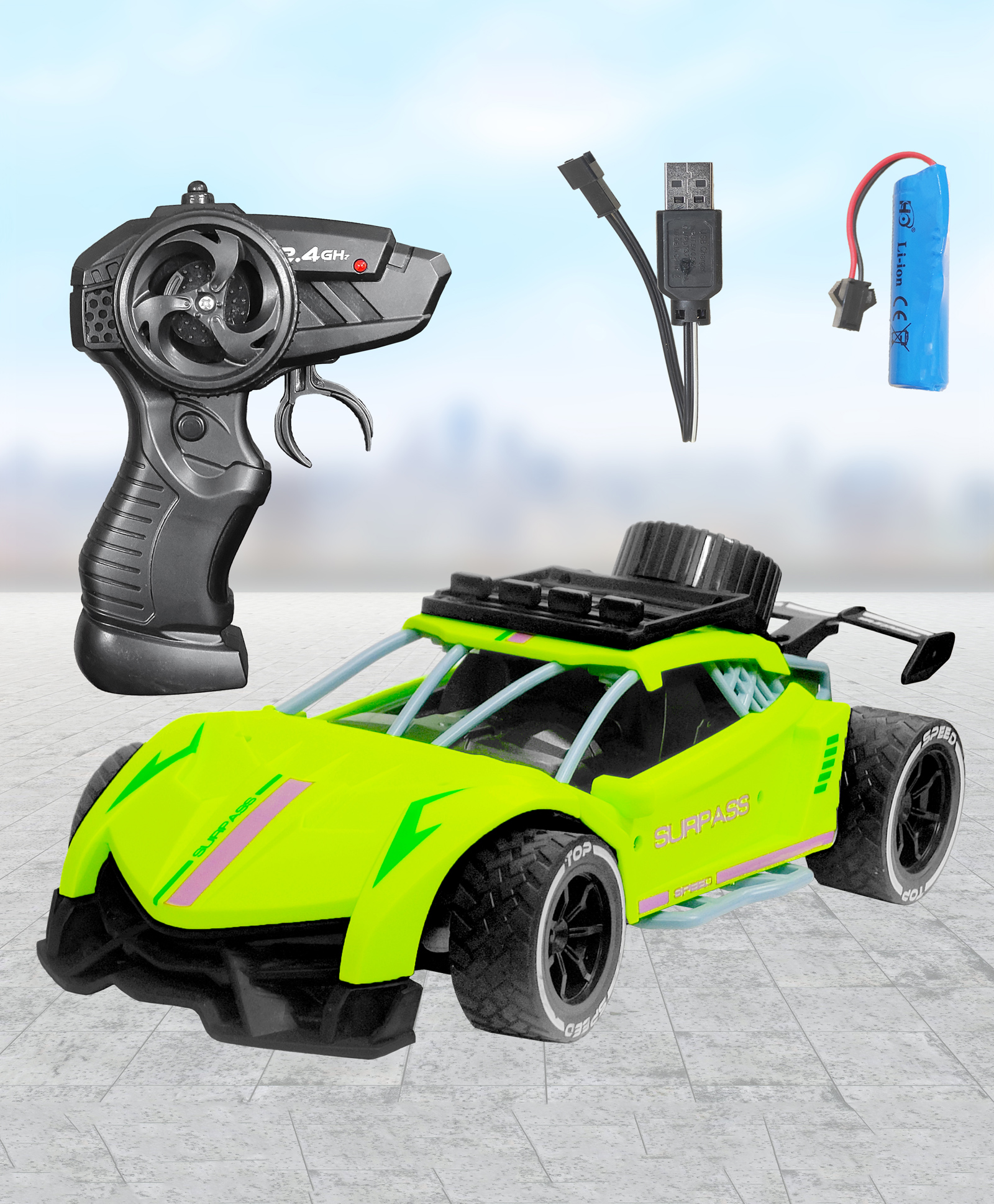 VGRASSP 1:16 Scale Sports Vehicle RC Toy Car with Long Range 2.4 Ghz Joystick Remote Control - High Speed Durable Sports Vehicle with Rechargeable Battery - Ideal for Kids & Beginners (Design 1 - Green)-picture-18