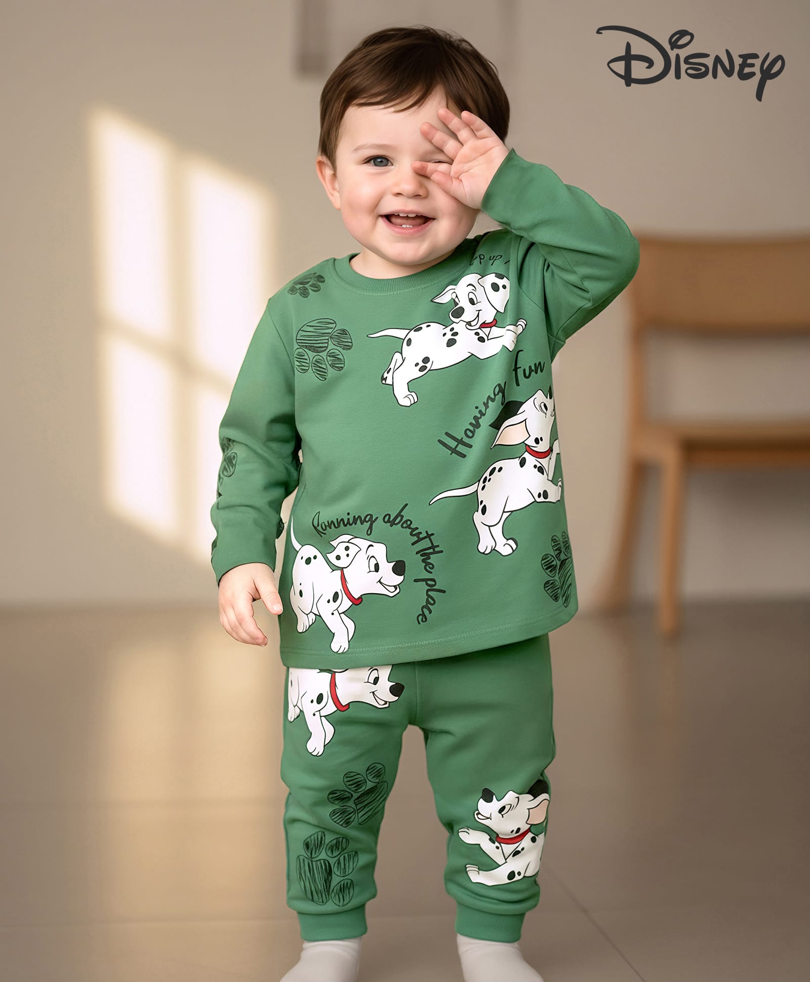 Babyoye Disney Single Jersey Knit Full Sleeves T-Shirt & Lounge Pants With Front & Back 101 Dalmatians Graphics- Green-image-22