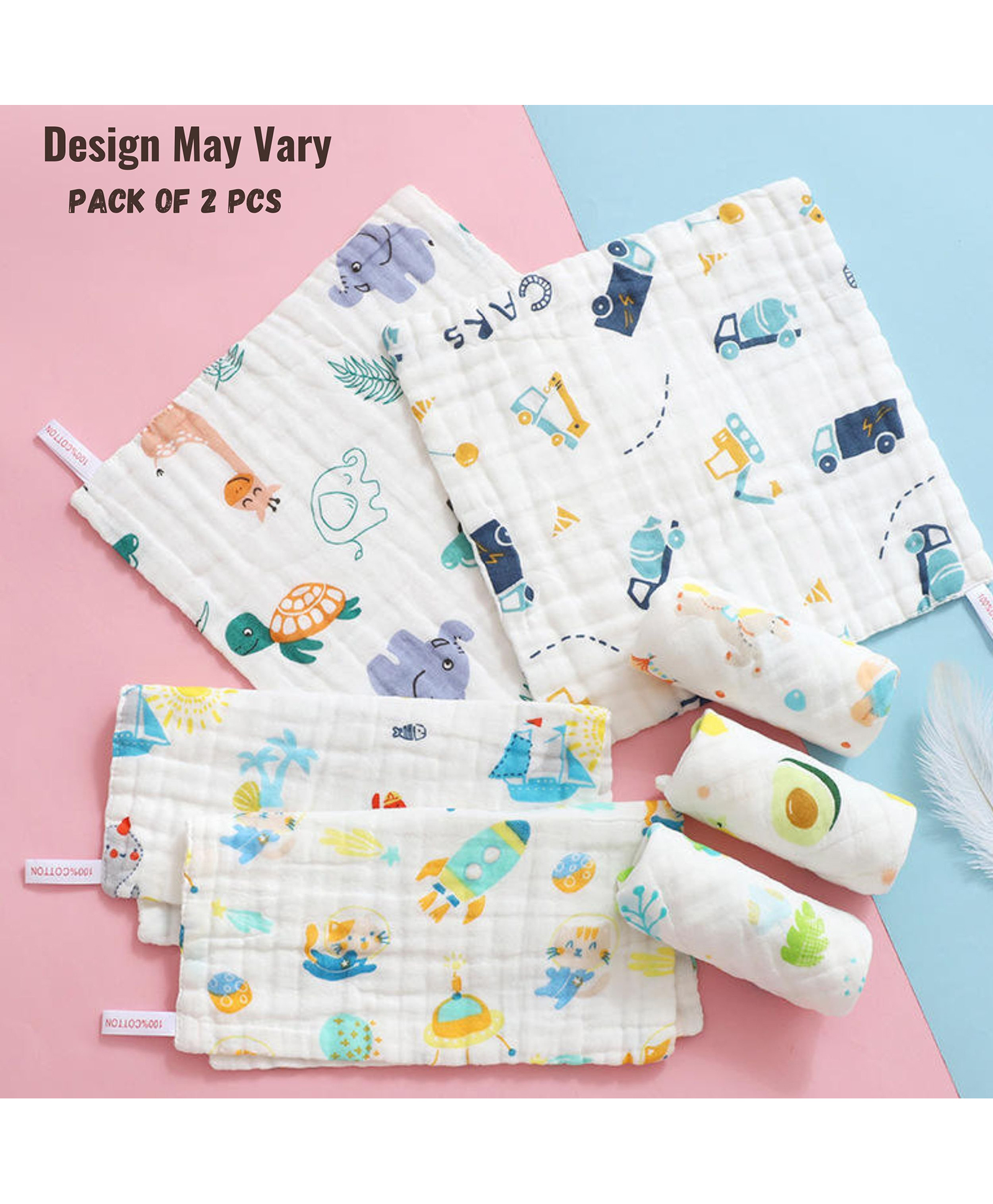 BitFeex Baby Face Towels for Boys Girls Fleece Muslin Wash Cloth Cute Pattern-Design May Vary, Pack of 2 Pcs