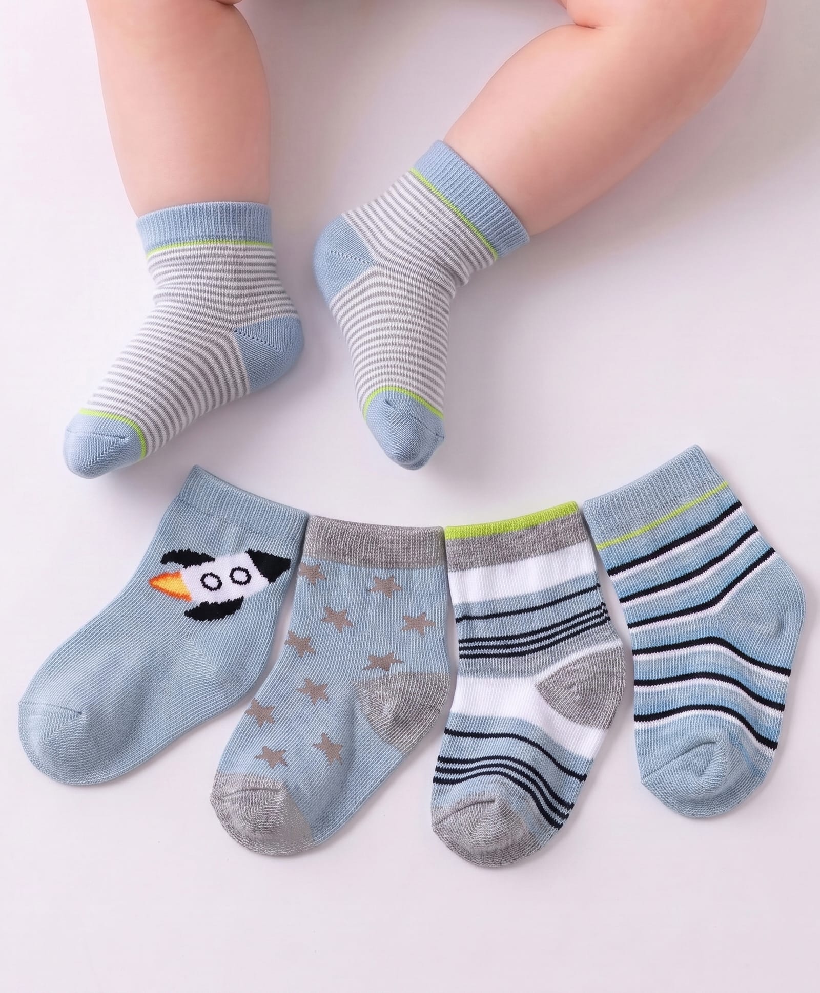 Cute Walk by Babyhug Knit Ankle Length Printed & Striped Socks Pack of 5 - Light Blue-image-47