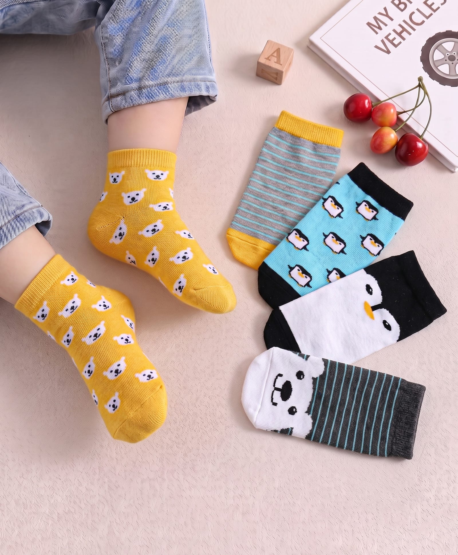Cute Walk By Babyhug Cotton Knit Anti-Bacterial Ankle Length Socks With Animal & Stripe Design Pack Of 5 - Yellow White & Blue-picture-37