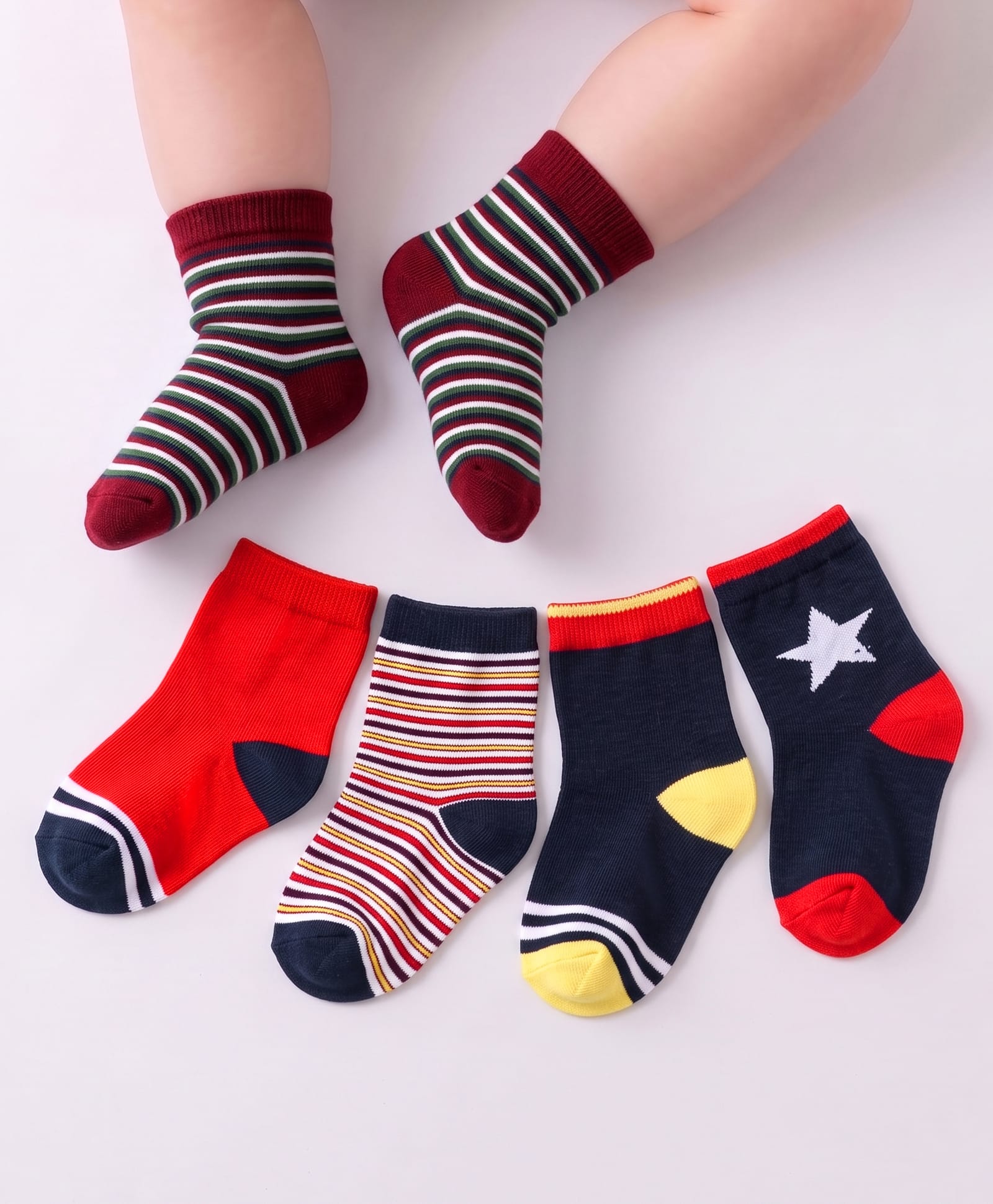 Cute Walk by Babyhug Cotton Knit Anti-Bacterial Ankle Length Stripes & Star Designed Socks Pack of 5 - Red & Black-image-26