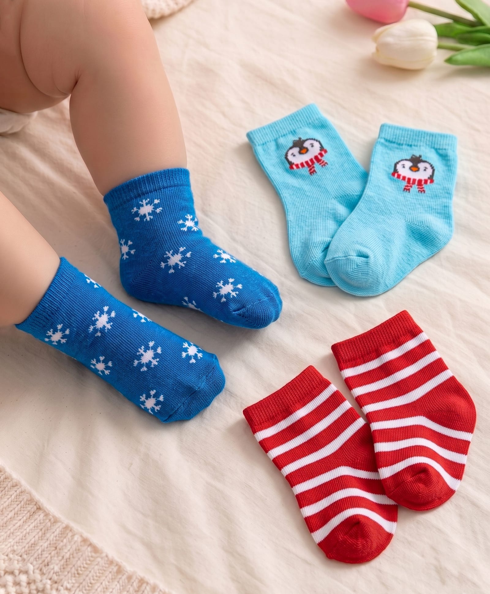 Cute Walk by Babyhug Knit Ankle Length Socks With Penguin & Snowflake Design Pack of 3 - Blue & Red-image-35