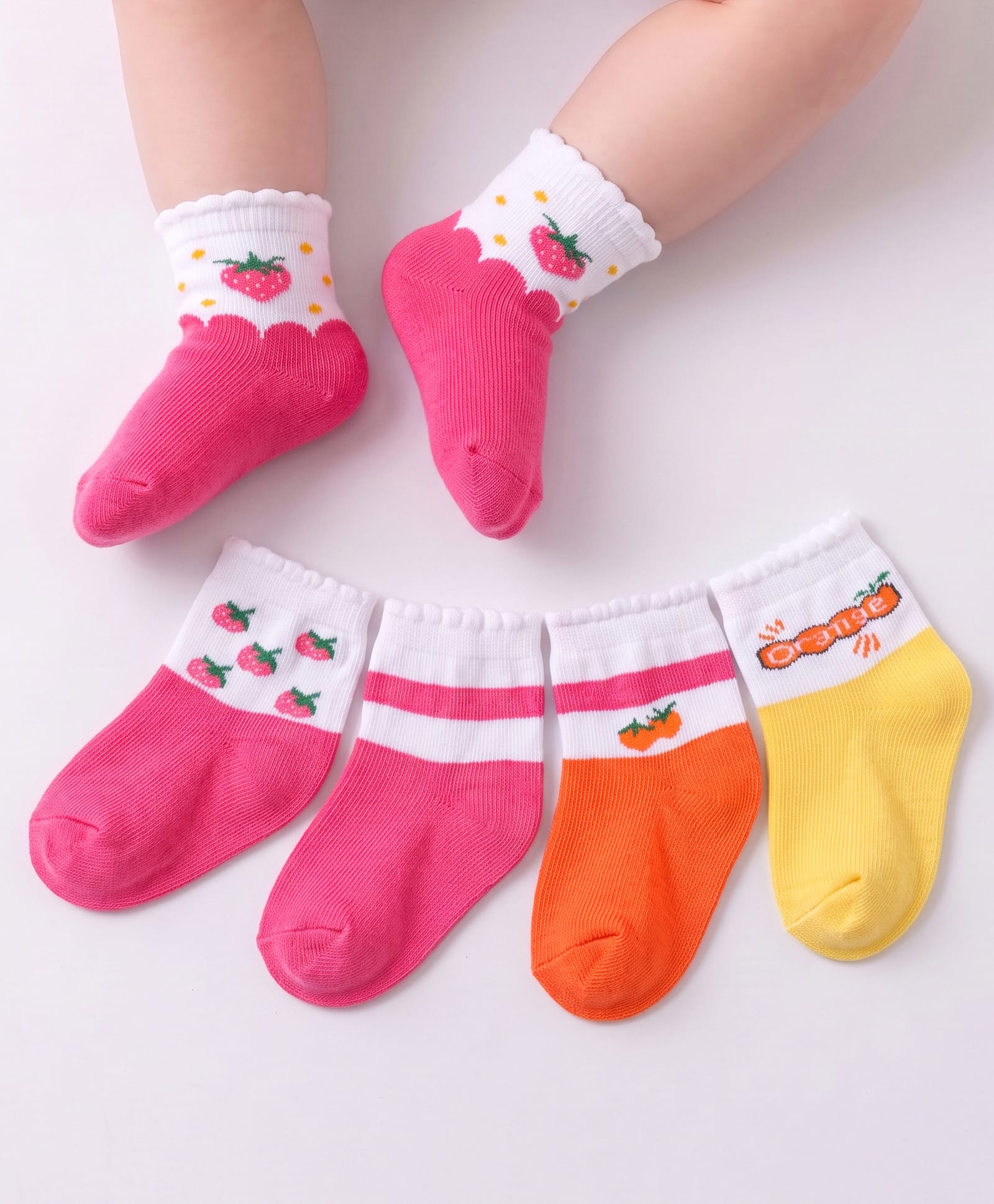 Cute Walk By Babyhug Cotton Knit Anti-Bacterial Ankle Length Socks With Fruits & Color Block Design Pack Of 5 - Pink Yellow & Red-image-29