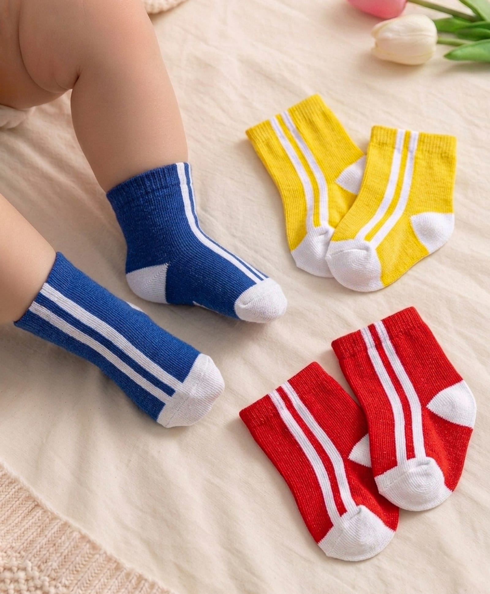 Cute Walk by Babyhug Knit Ankle Length Striped Socks Pack of 3 - Blue Yellow & Red-image-33
