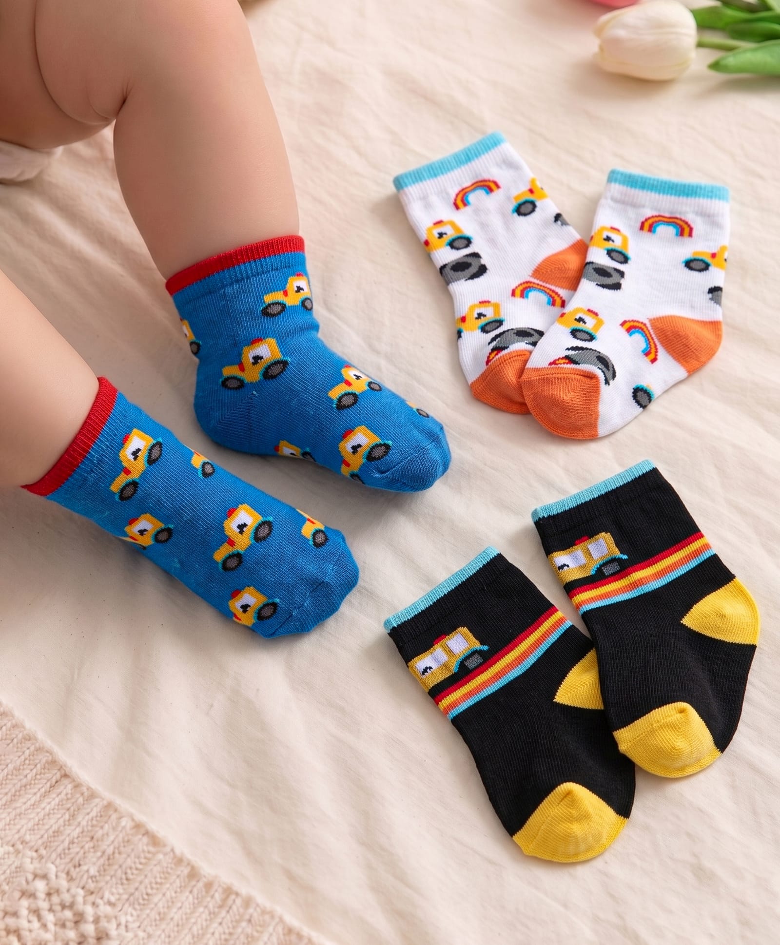Cute Walk by Babyhug Knit Ankle Length Socks With Vehicle Design Pack of 3 - Black White & Blue-picture-24