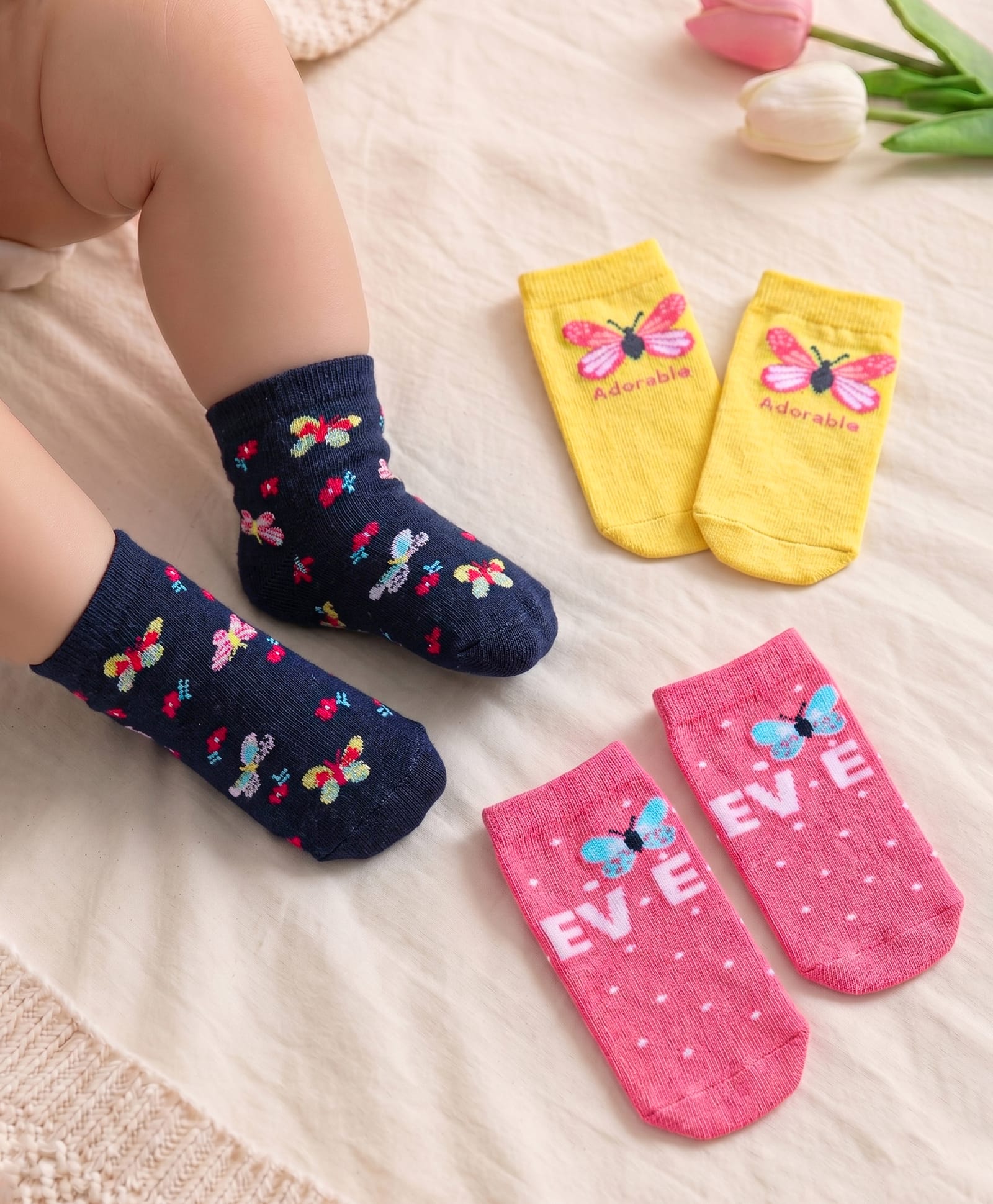 Cutewalk by Babyhug Non Terry Knit Anti-bacterial Ankle Length Socks With Butterfly Design Pack of 3 - Yellow Black & Pink-image-37