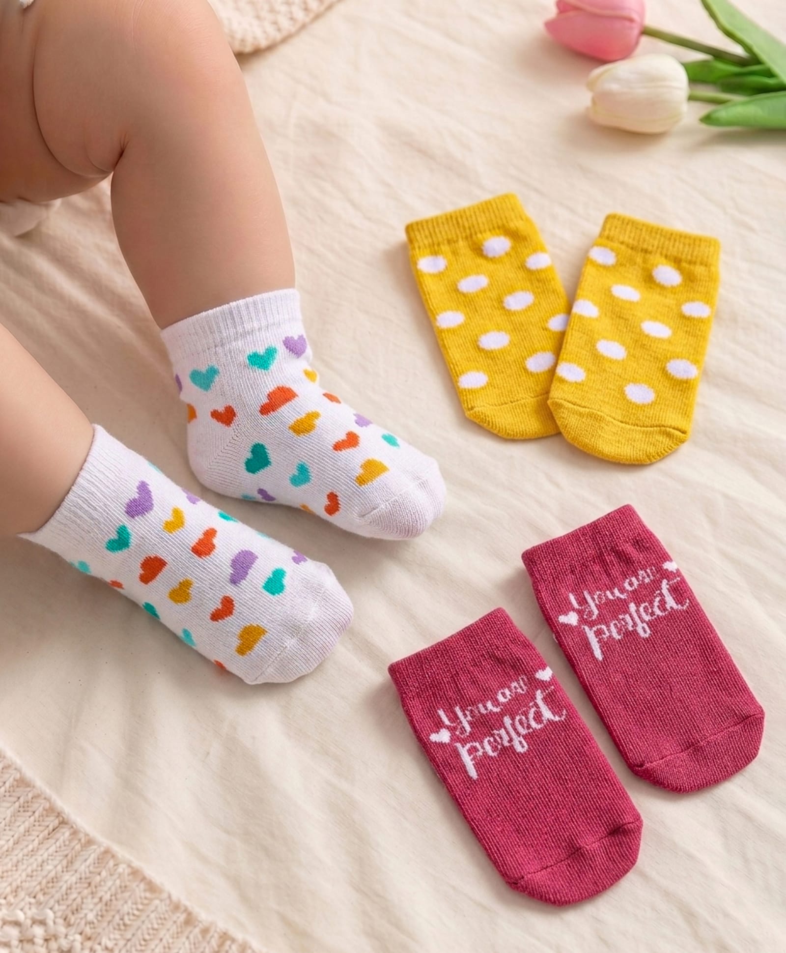 Cute Walk by Babyhug Cotton Knit Anti-Bacterial Ankle Length Polka Dots Text & Heart Designed Socks Pack of 3 - White Yellow & Maroon-image-47