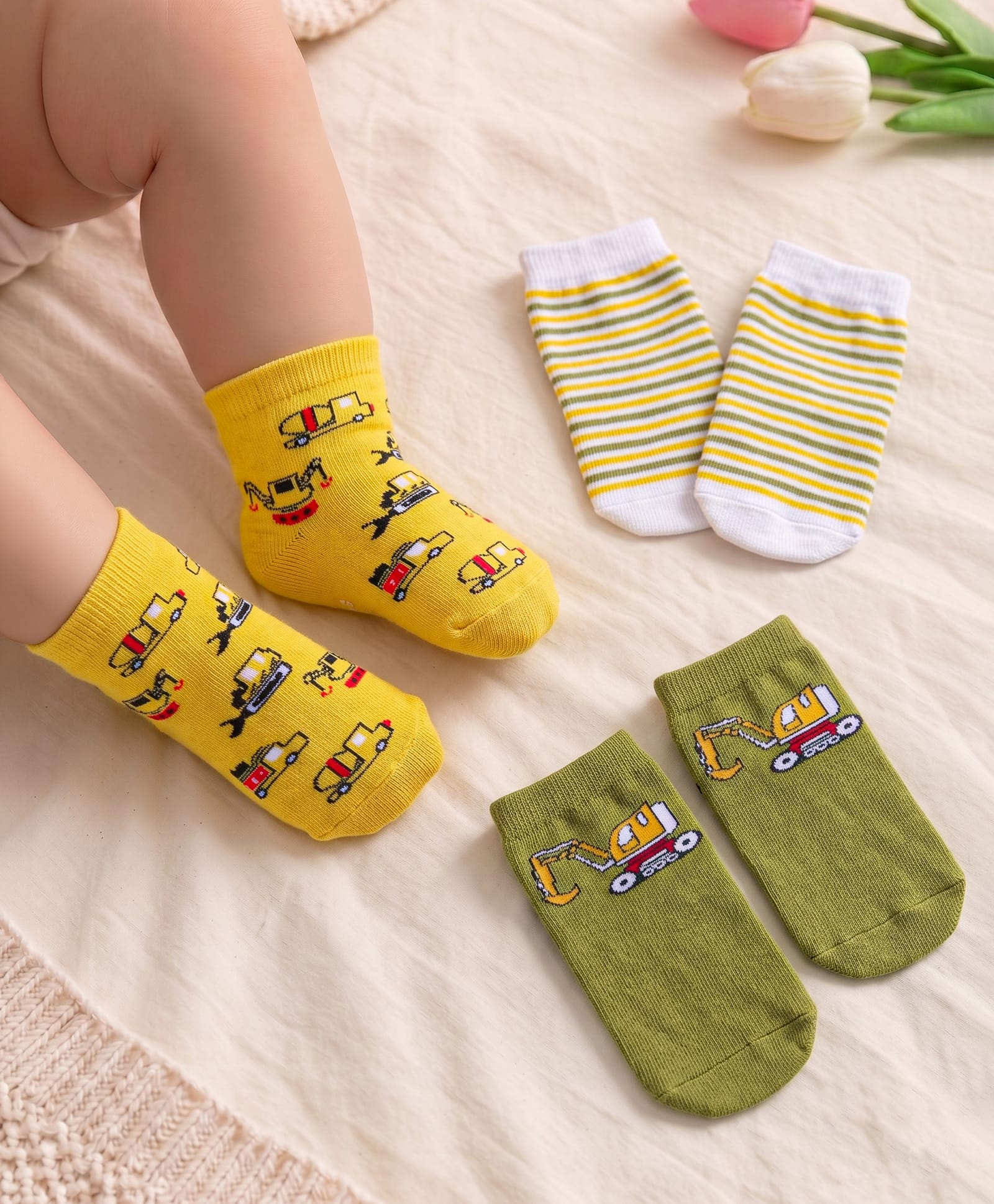 Cute Walk By Babyhug Cotton Knit Anti-Bacterial Ankle Length Stripes & Vehicle Designed Socks Pack Of 3 - Yellow White & Green-picture-21