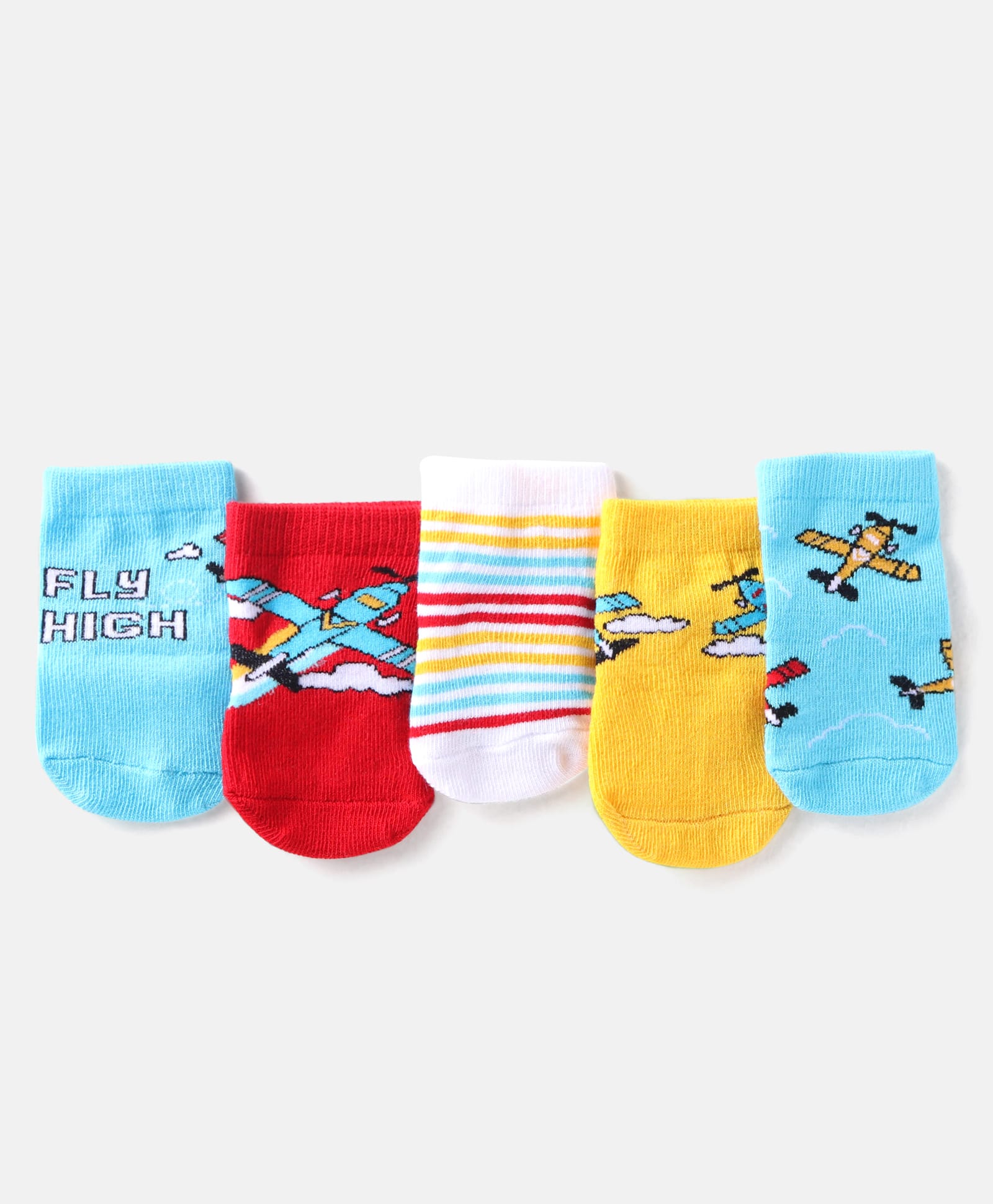 Cute Walk by Babyhug Cotton Knit Anti-Bacterial Ankle Length Airplane Text & Stripe Designed Socks Pack of 5 - Light Blue Red & Yellow-image-23