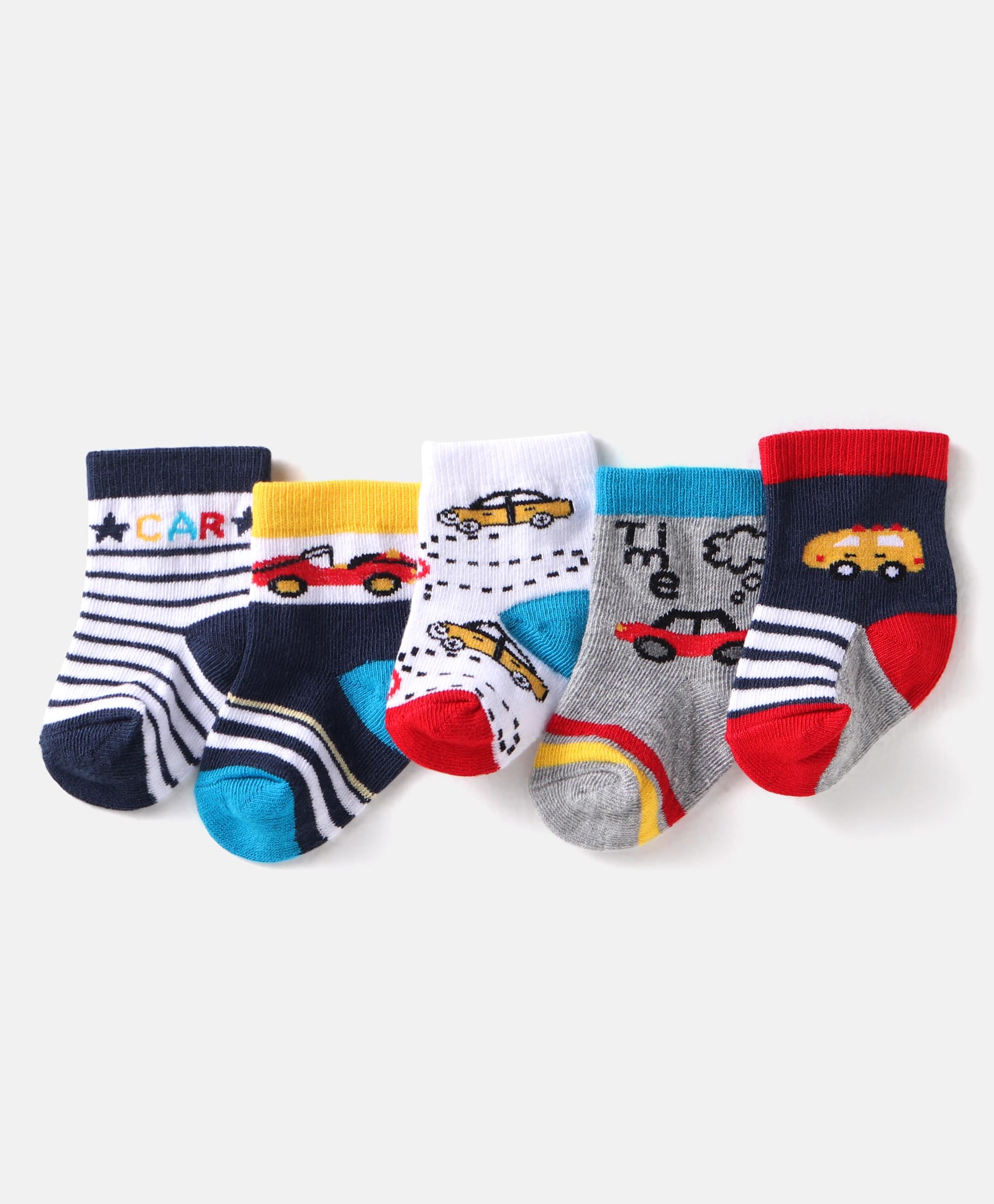 Cute Walk by Babyhug Cotton Knit Anti-Bacterial Ankle Length Car & Stripe Designed Socks Pack of 5 - Grey Blue & Red-image-45