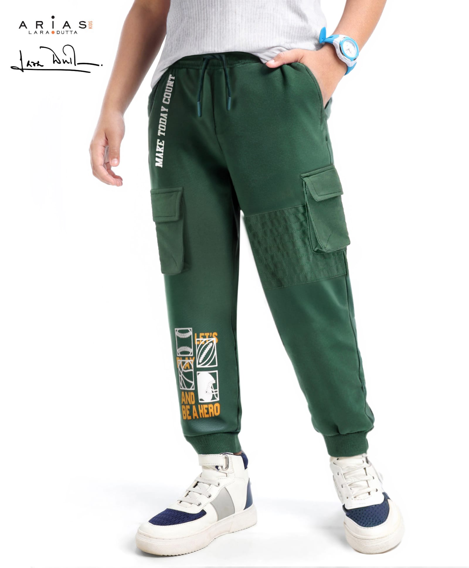 arias by lara dutta Arias Cotton Stretch Looper Knit Full Length Jogger Pant with Cargo Pockets & Text Print - Green-picture-37