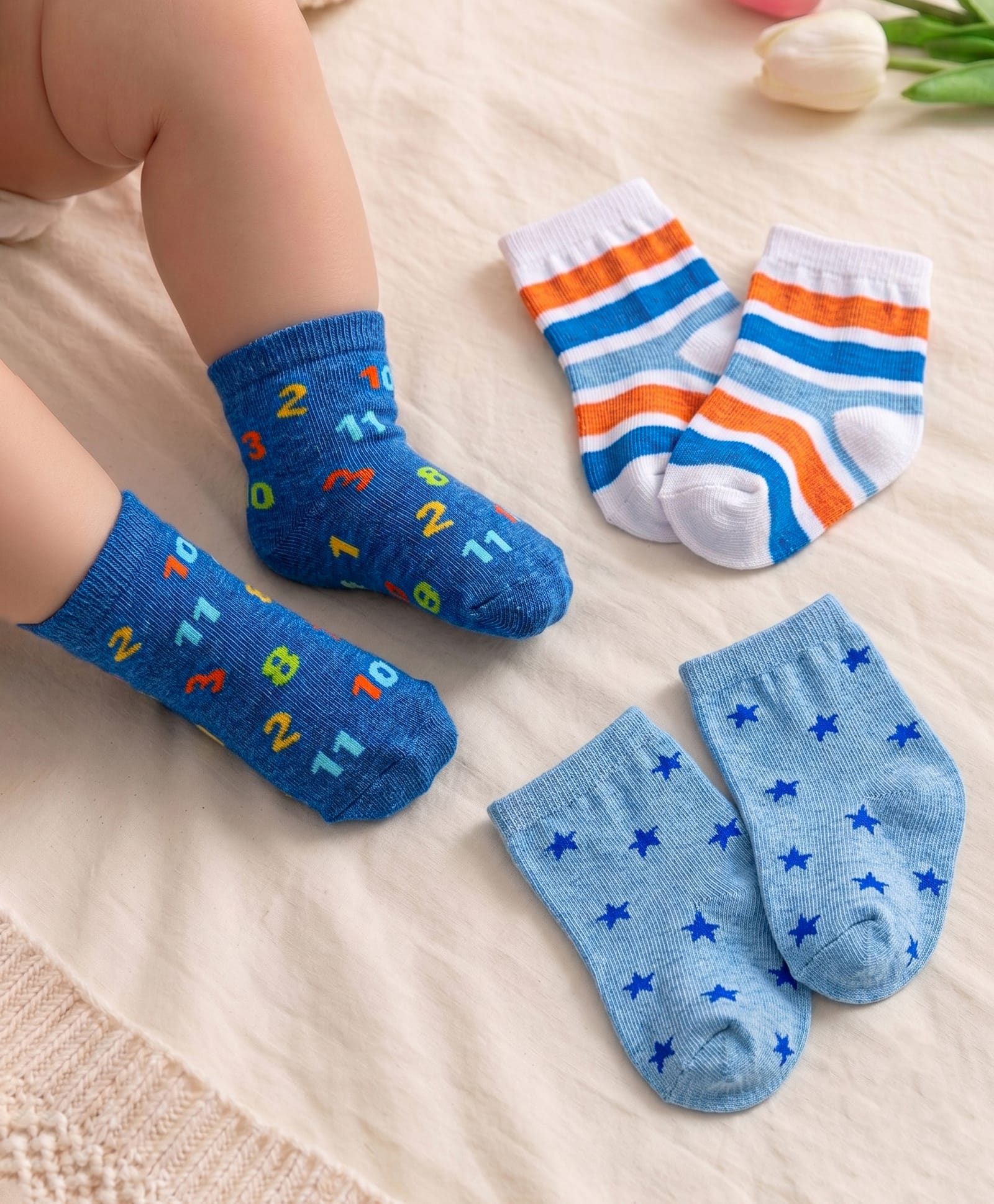 Cute Walk by Babyhug Cotton Lycra Knit Anti-bacterial Socks Strips Stars & Numeric Design Pack of 3 - Blue White & Light Blue-image-22