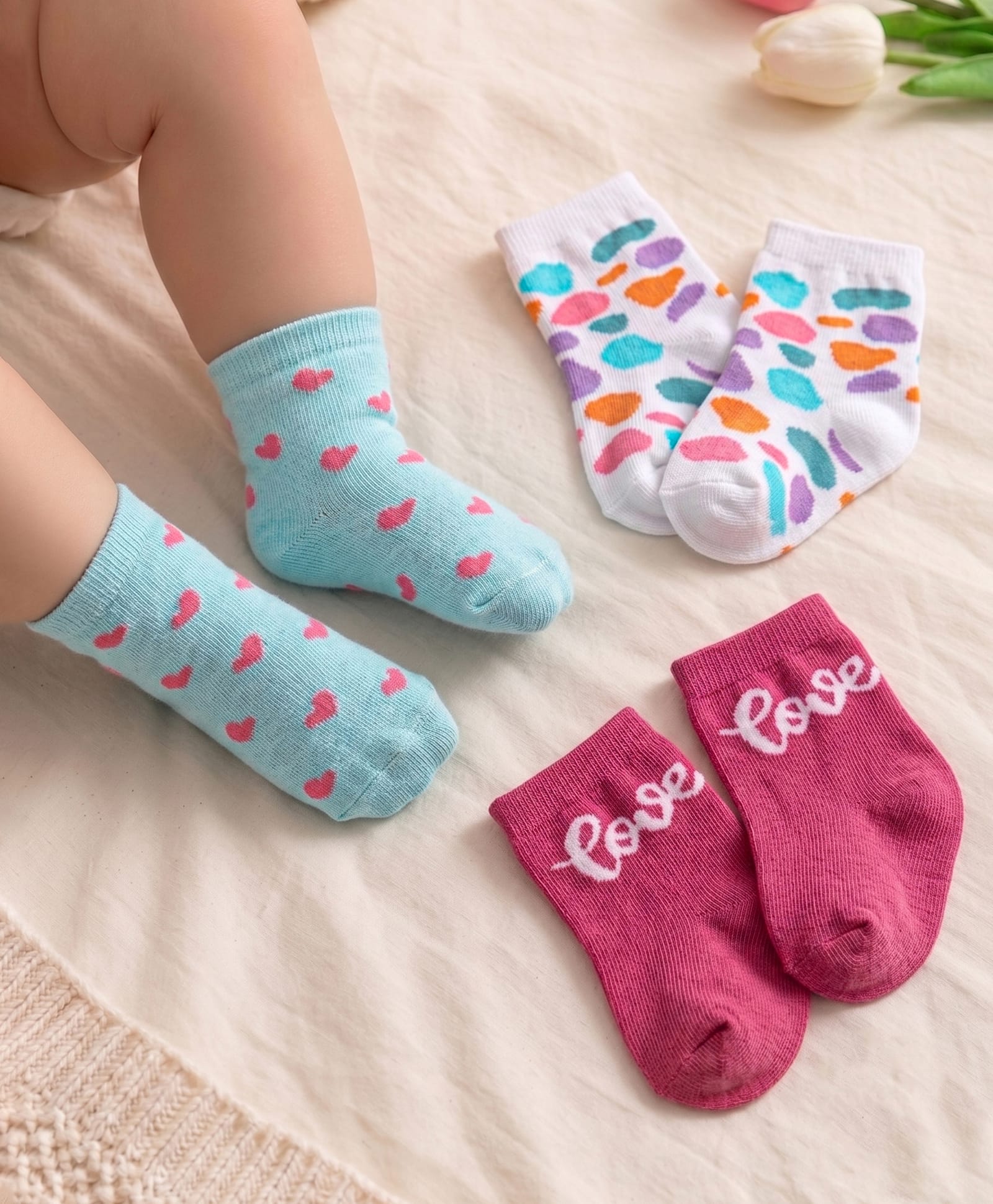Cute Walk by Babyhug Knit Ankle Length Striped Socks With Bear Design Pack of 3 - White Light Blue & Yellow-image-49
