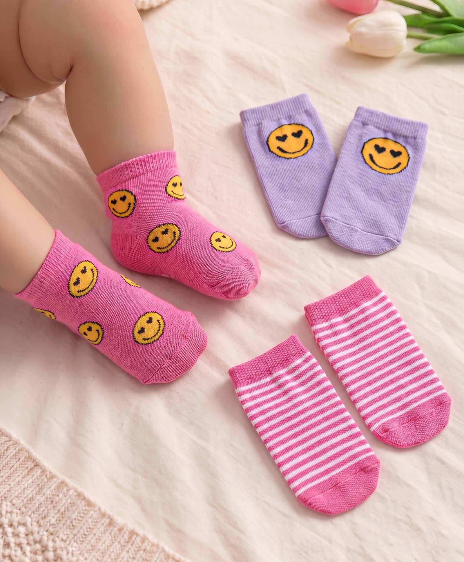 Cute Walk by Babyhug Knit Ankle Length Socks With Smiley Design Pack of 3 - Dark Pink & Purple-picture-26
