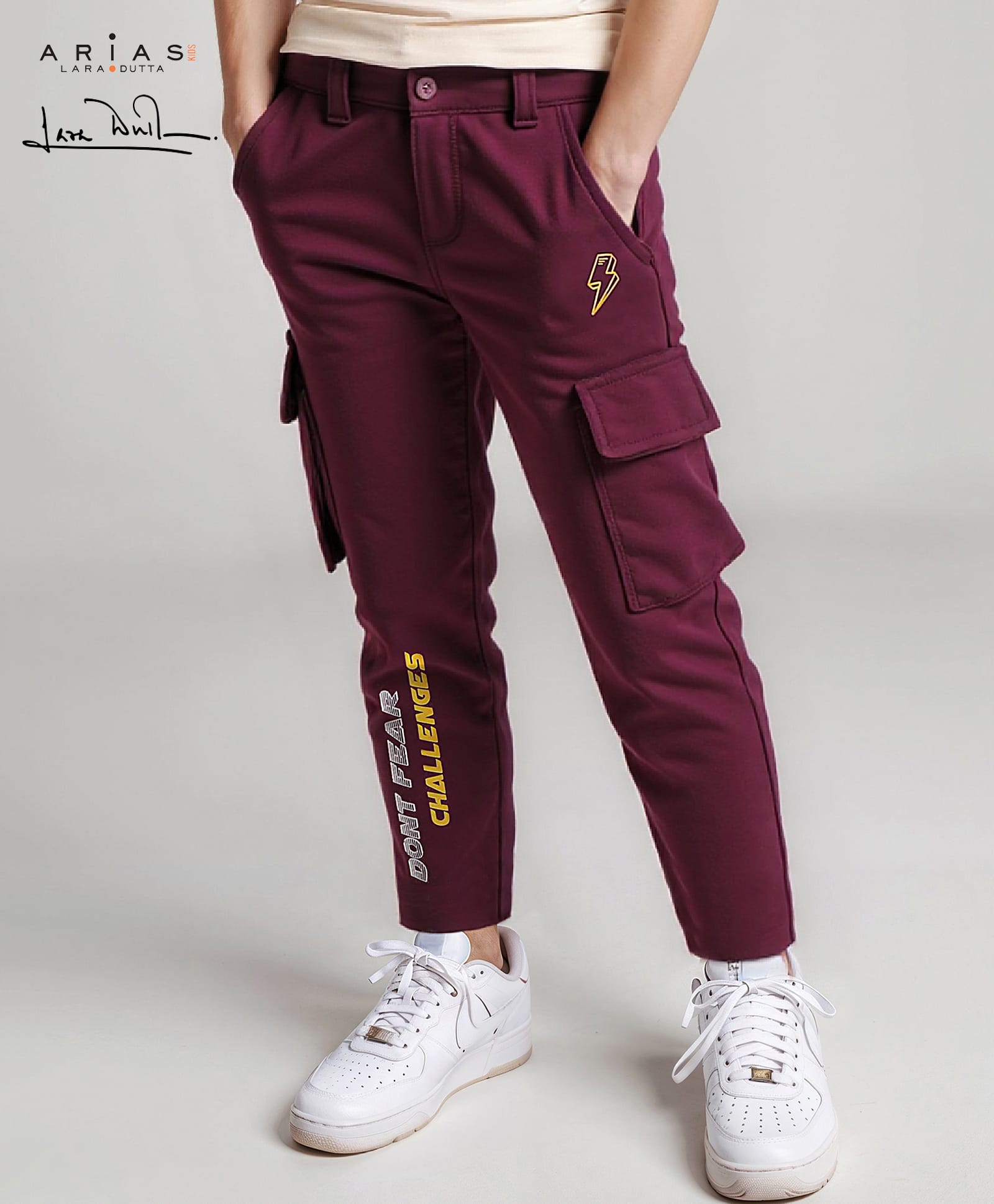 arias by lara dutta Arias Cotton Knit Full Length Stretchable Text Printed Trousers With Cargo Pockets - Wine-picture-13