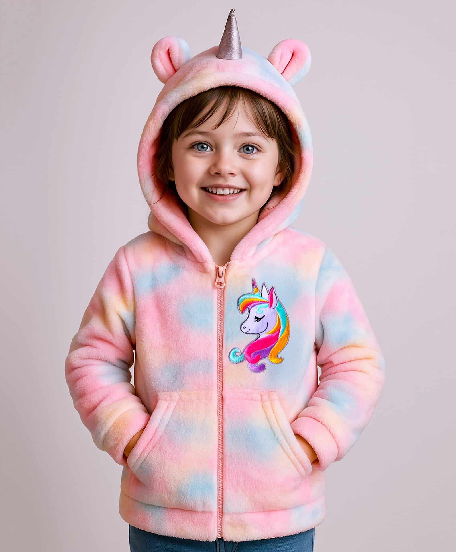 Babyhug Cotton Knit Full Sleeves Unicorn Design Hooded Winter Jacket with Kangaroo Pockets - Pink-picture-16